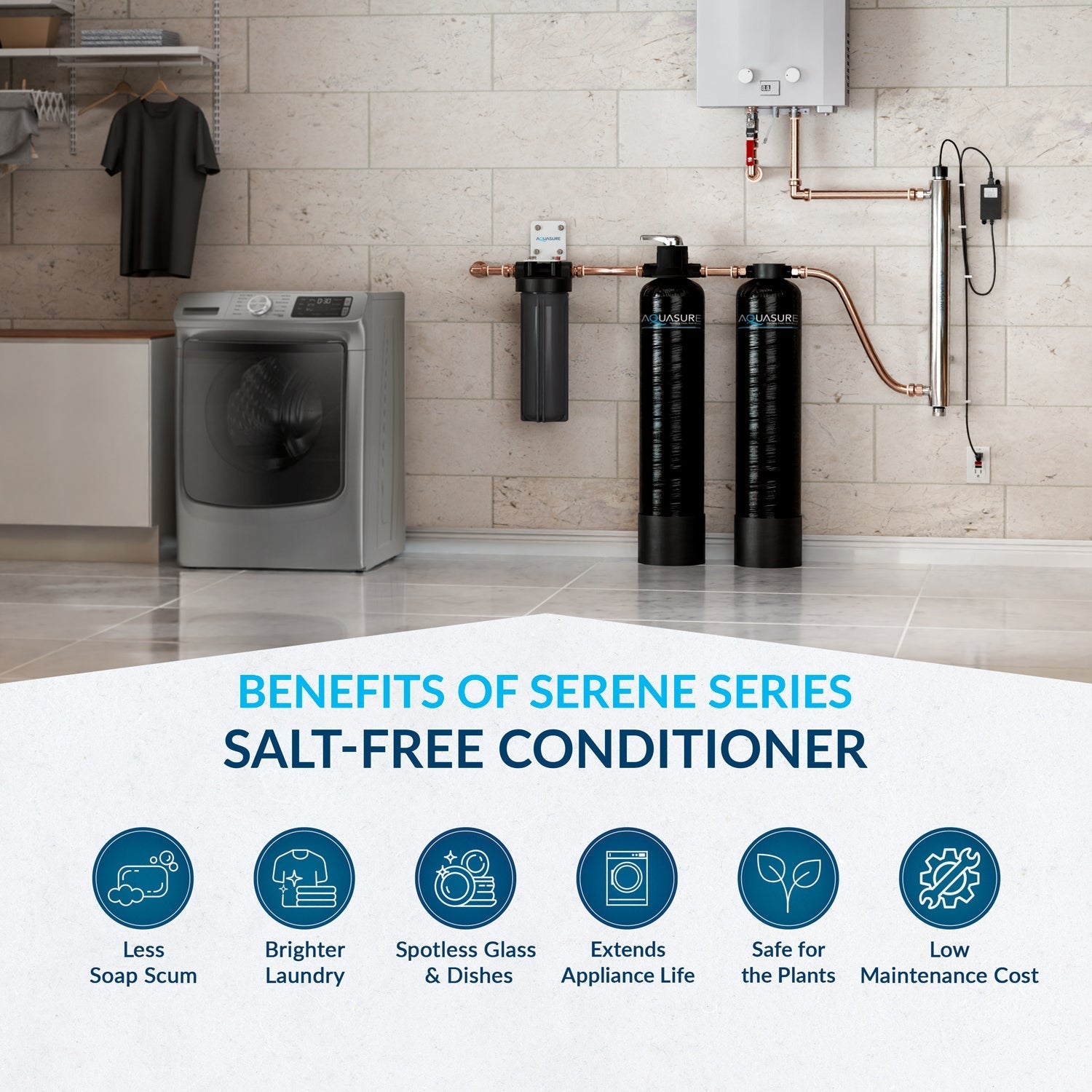 Aquasure Serene Lite Series | 800K Gallons Whole House Salt-Free Water Conditioning/Softening Descaler Bundle with Triple Purpose Filter System and 8 GPM UV De-Activator - AS-SF800U