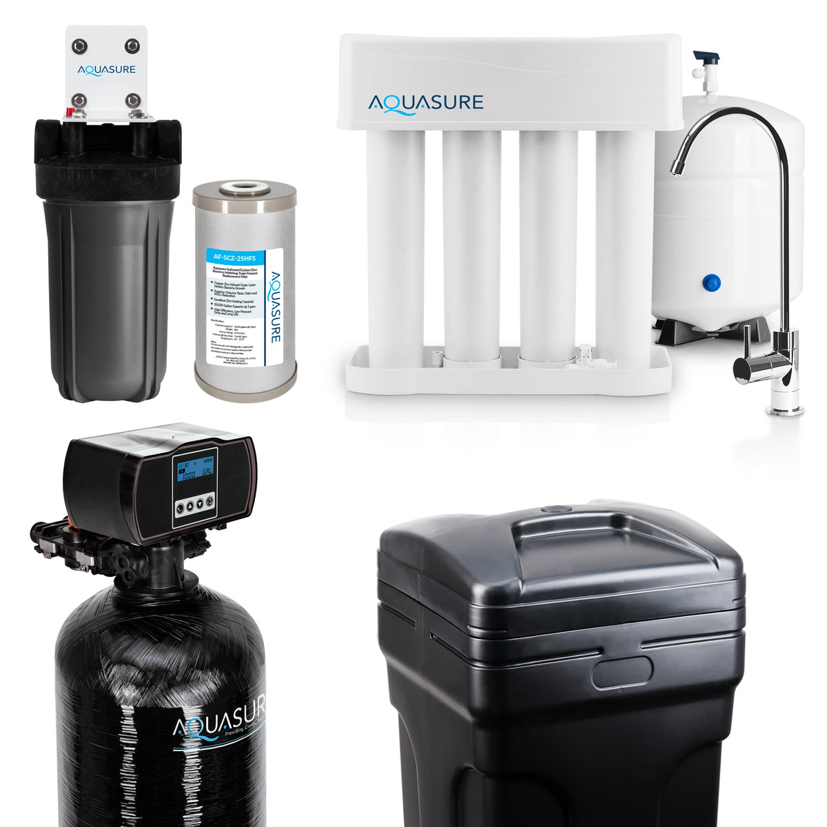 Aquasure Signature Elite | Whole House Water Filter Bundle with 48,000 Grains Softener w/ Fine Mesh Resin, 75 GPD Reverse Osmosis System & Triple Purpose Pre-Filter - AS-WHF48FM