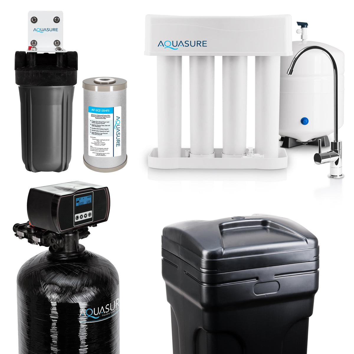 Aquasure Signature Elite | Whole House Water Filter Bundle with 64,000 Grains Softener w/ Fine Mesh Resin, 75 GPD Reverse Osmosis System & Triple Purpose Pre-Filter - AS-WHF64FM