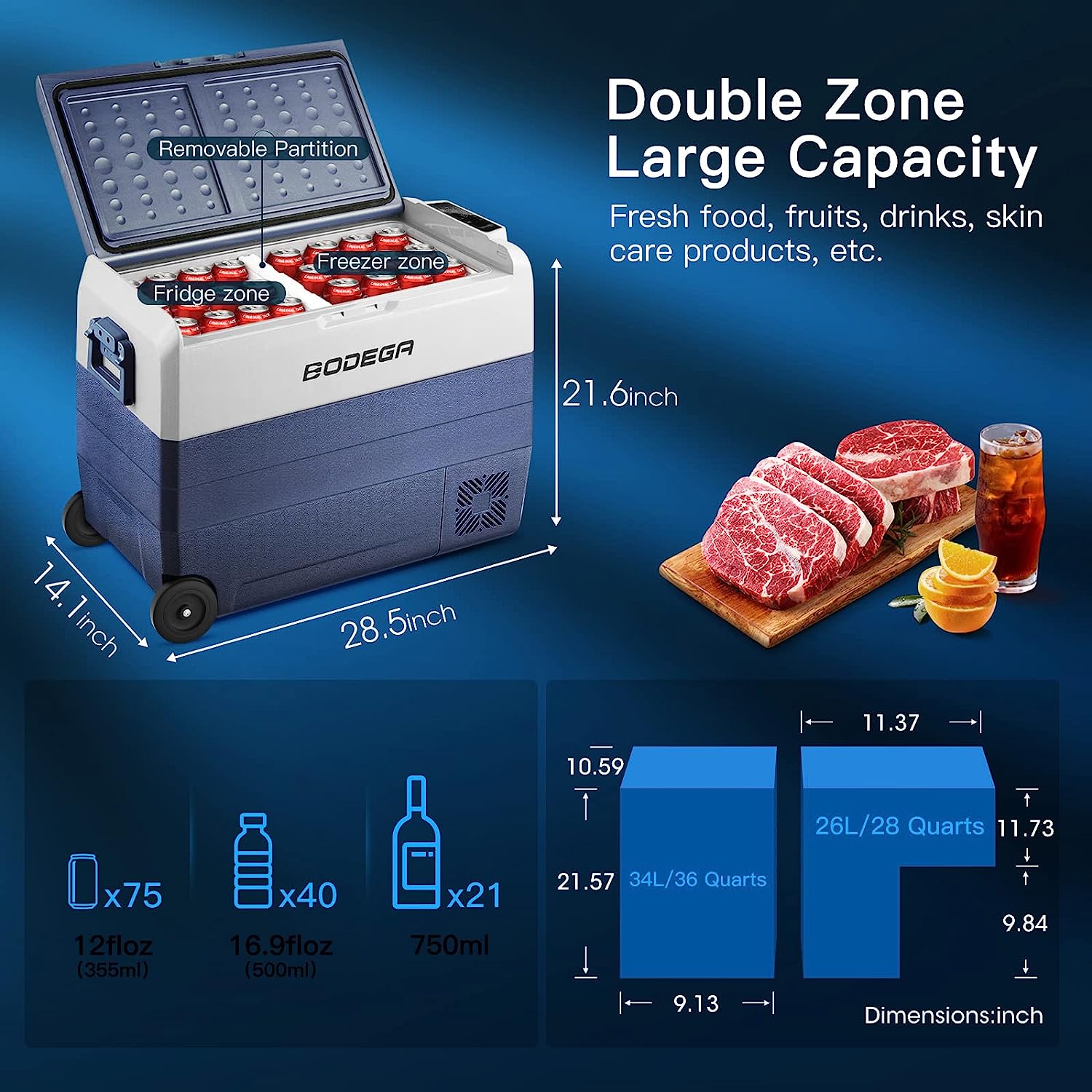 BODEGAcooler 12V Fridge 64qt/60L with Wheels Dual Zone - T60