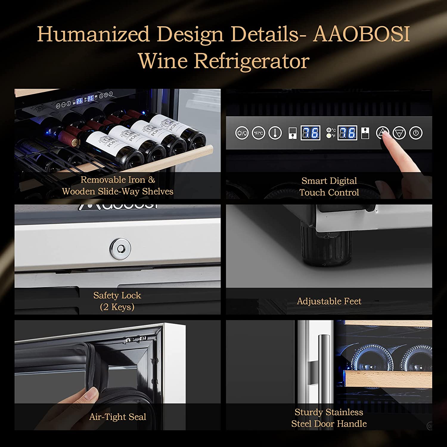 BODEGA AAOBOSI 24" Free Standing 154 Bottles Wine Cooler in Stainless Steel with Wood Shelves - YC-408B