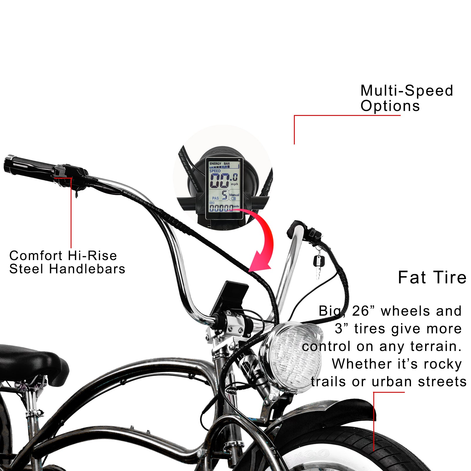Tracer 800W Beyond Pro Stretch Classic Chopper Electric Bike - MB-EB-BEYOND Pro-BK - MB-EB-BEYOND Pro-BK