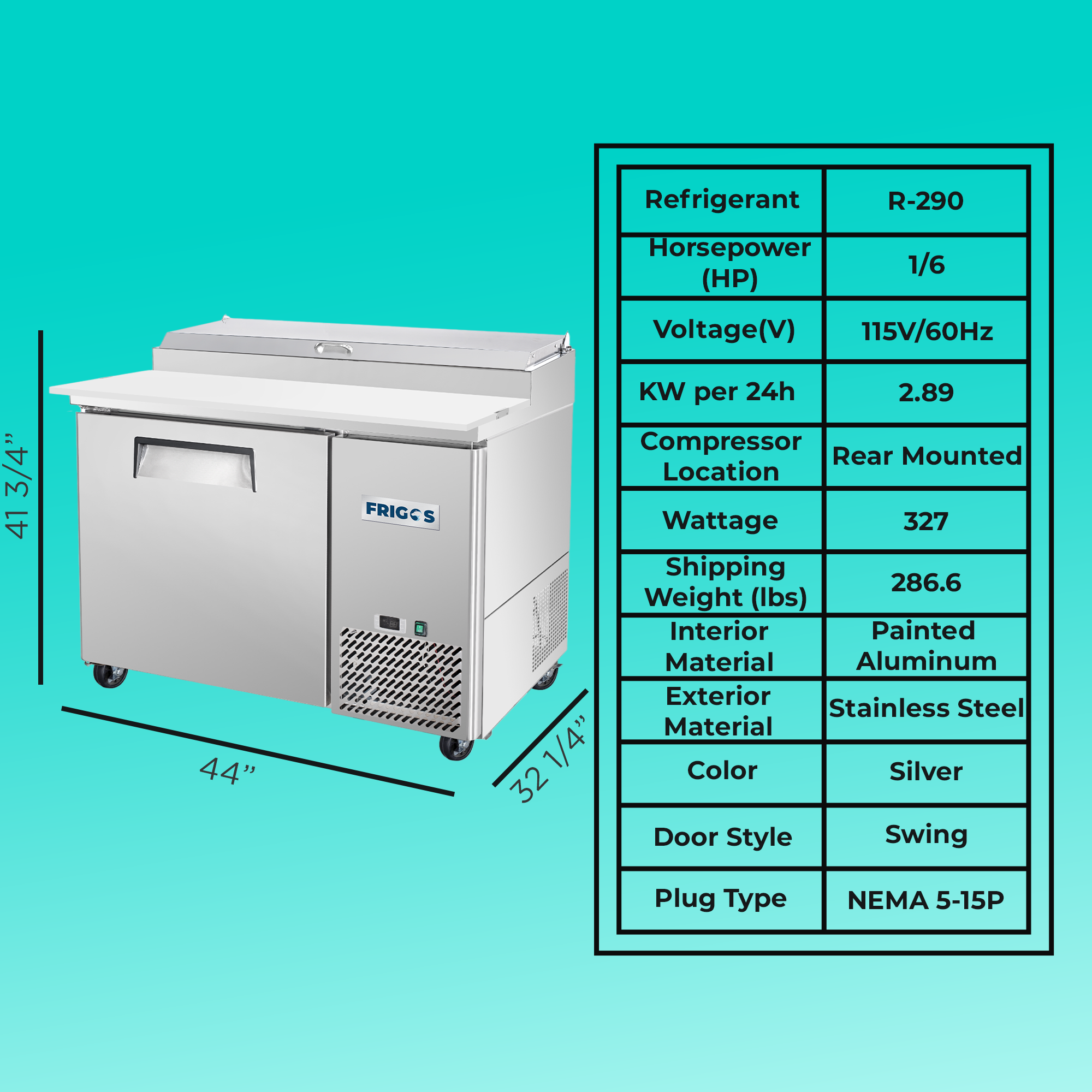 Frigos Pizza Prep Table Refrigerator 44" Width 1 Door Frigos FG-PZPT-44 with Aluminum Interior with 304 Stainless Steel Floor - FG-PZPT-44