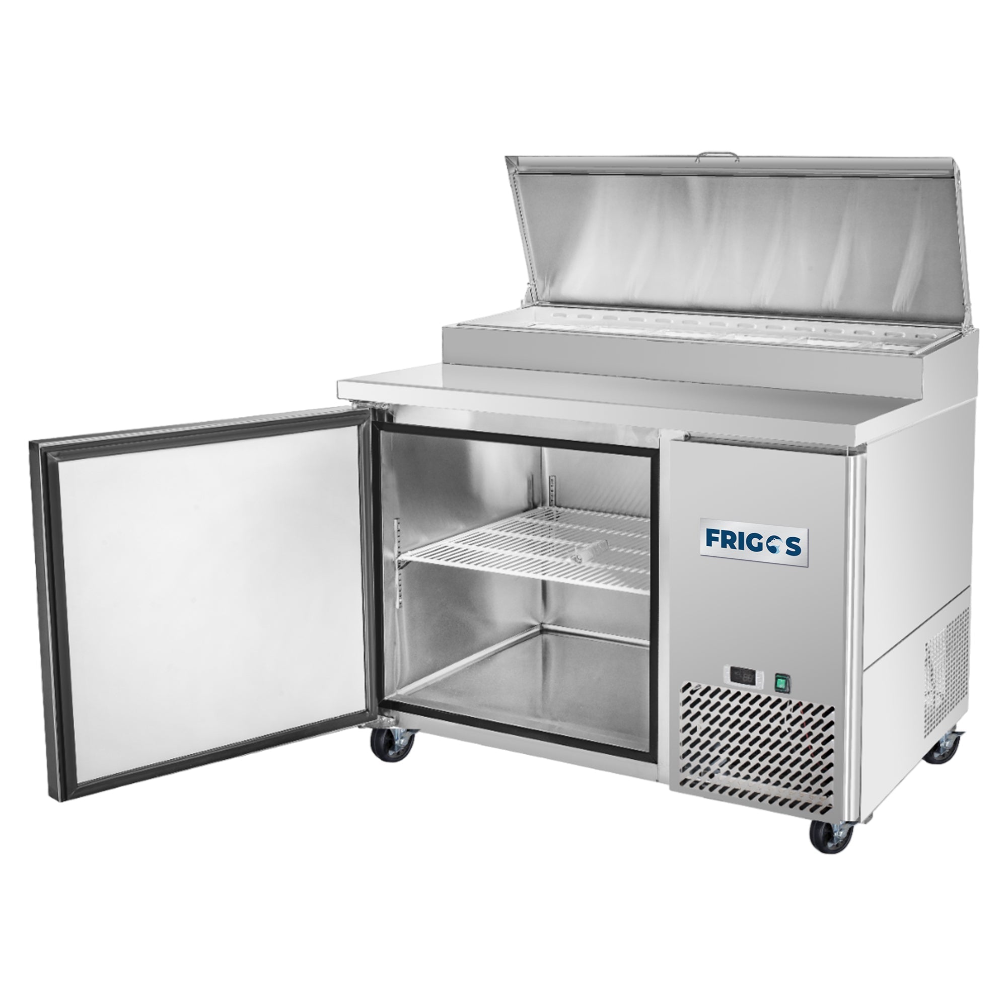 Frigos Pizza Prep Table Refrigerator 44" Width 1 Door Frigos FG-PZPT-44 with Aluminum Interior with 304 Stainless Steel Floor - FG-PZPT-44