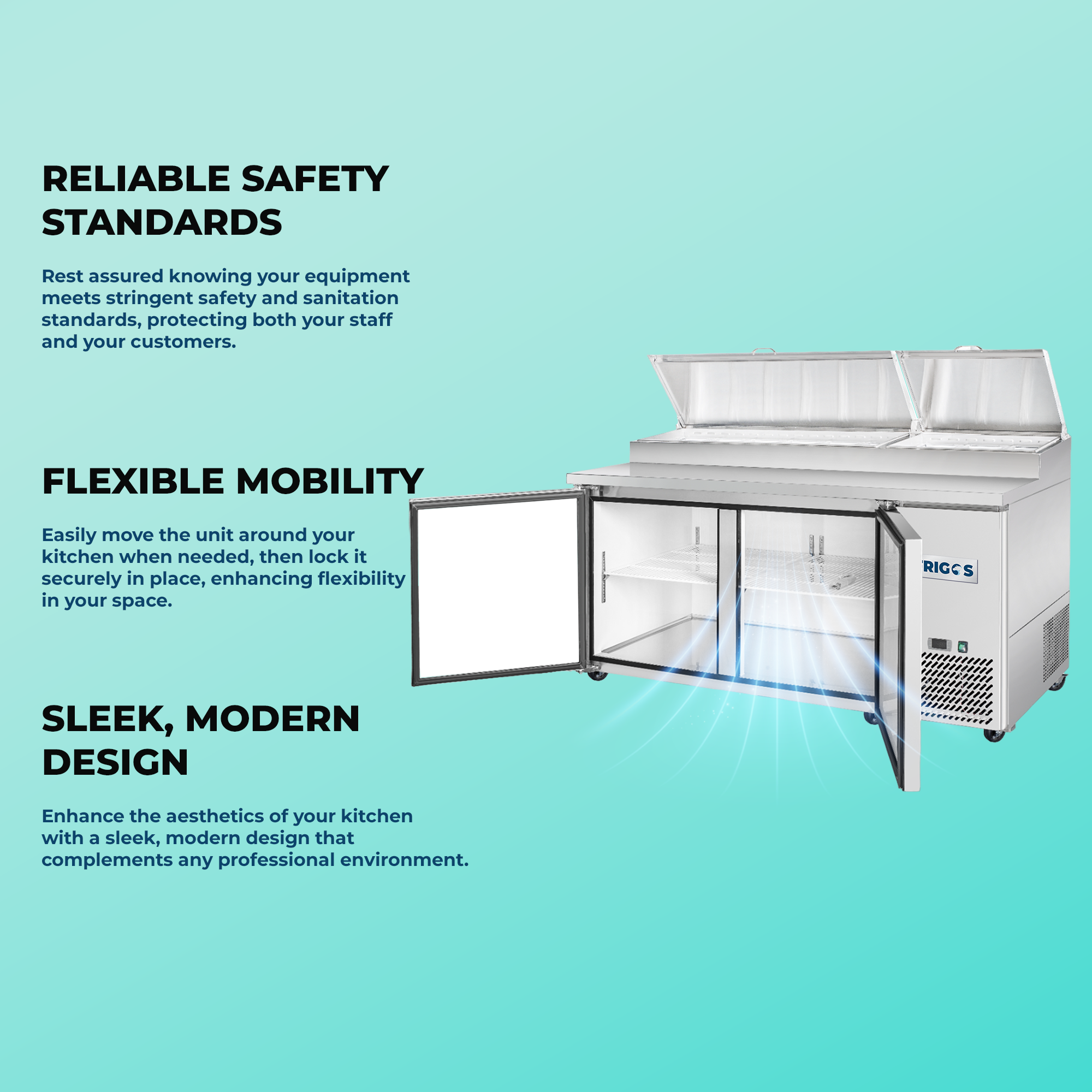 Frigos Pizza Prep Table Refrigerator 67" Width 2 Door Frigos FG-PZPT-67 with Aluminum Interior with 304 Stainless Steel Floor - FG-PZPT-67