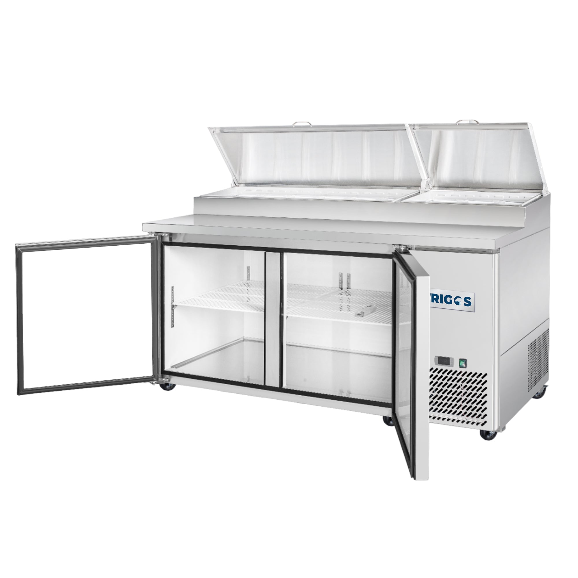 Frigos Pizza Prep Table Refrigerator 67" Width 2 Door Frigos FG-PZPT-67 with Aluminum Interior with 304 Stainless Steel Floor - FG-PZPT-67