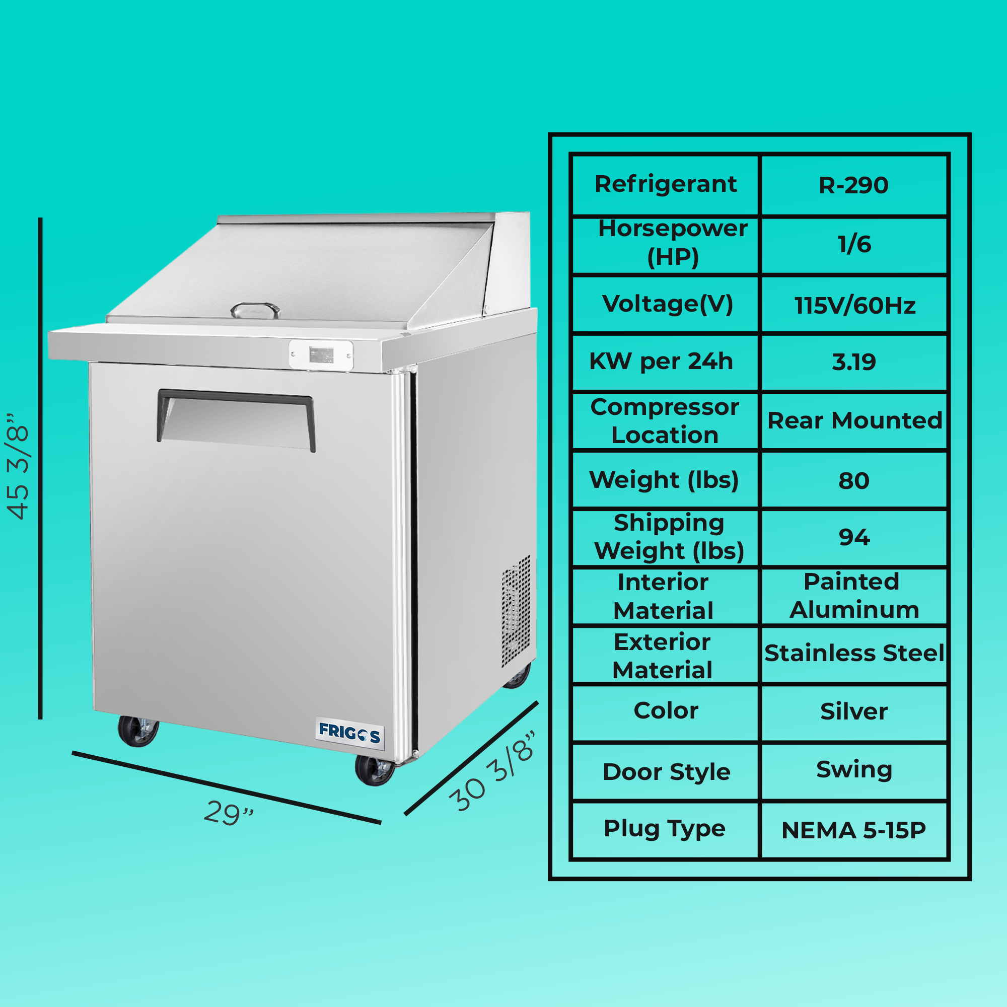 Frigos FG-SWPT-29 Prep Table, 29" 1-Door, SS Floor