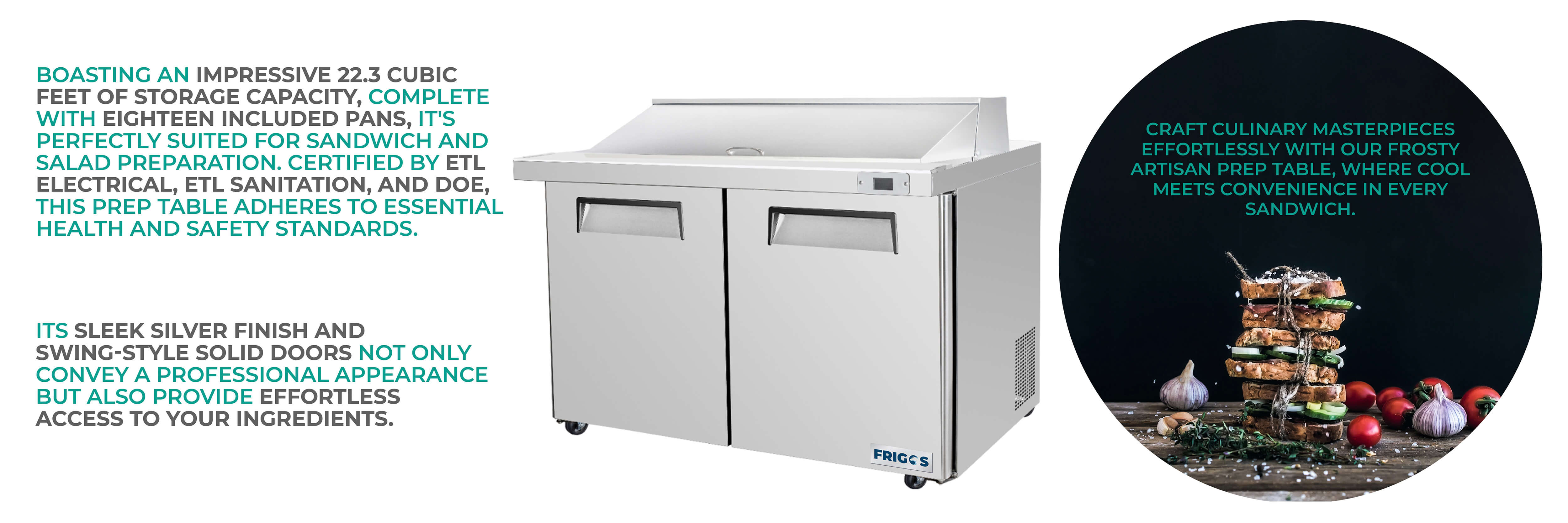 Frigos 48" Sandwich Prep Table Refrigerator, 2 Doors, Stainless Steel Floor - FG-SWPT-48