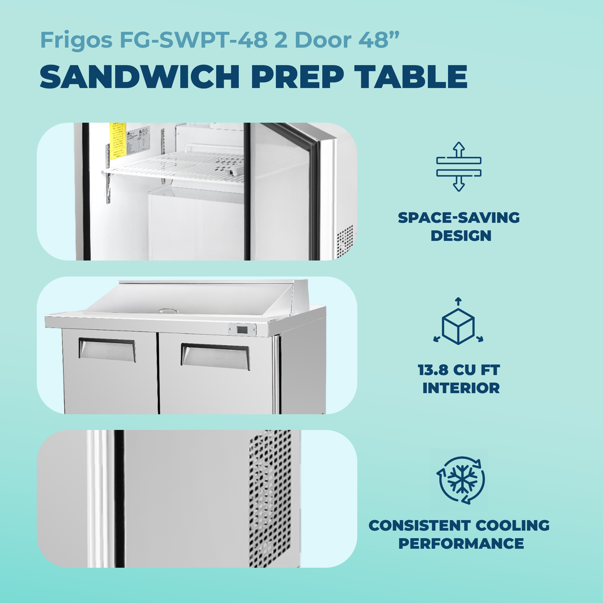 Frigos 48" Sandwich Prep Table Refrigerator, 2 Doors, Stainless Steel Floor - FG-SWPT-48