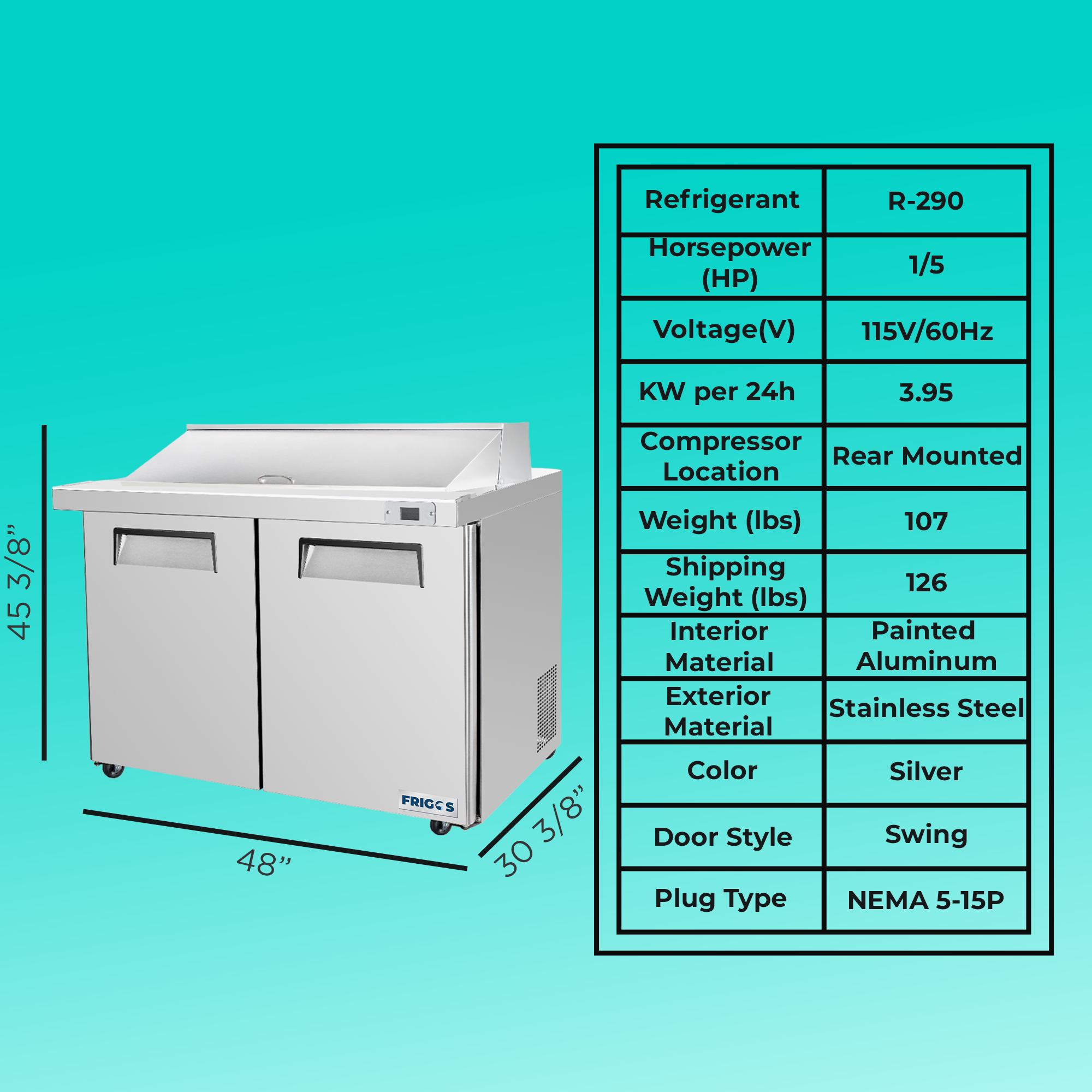 Frigos 48" Sandwich Prep Table Refrigerator, 2 Doors, Stainless Steel Floor - FG-SWPT-48