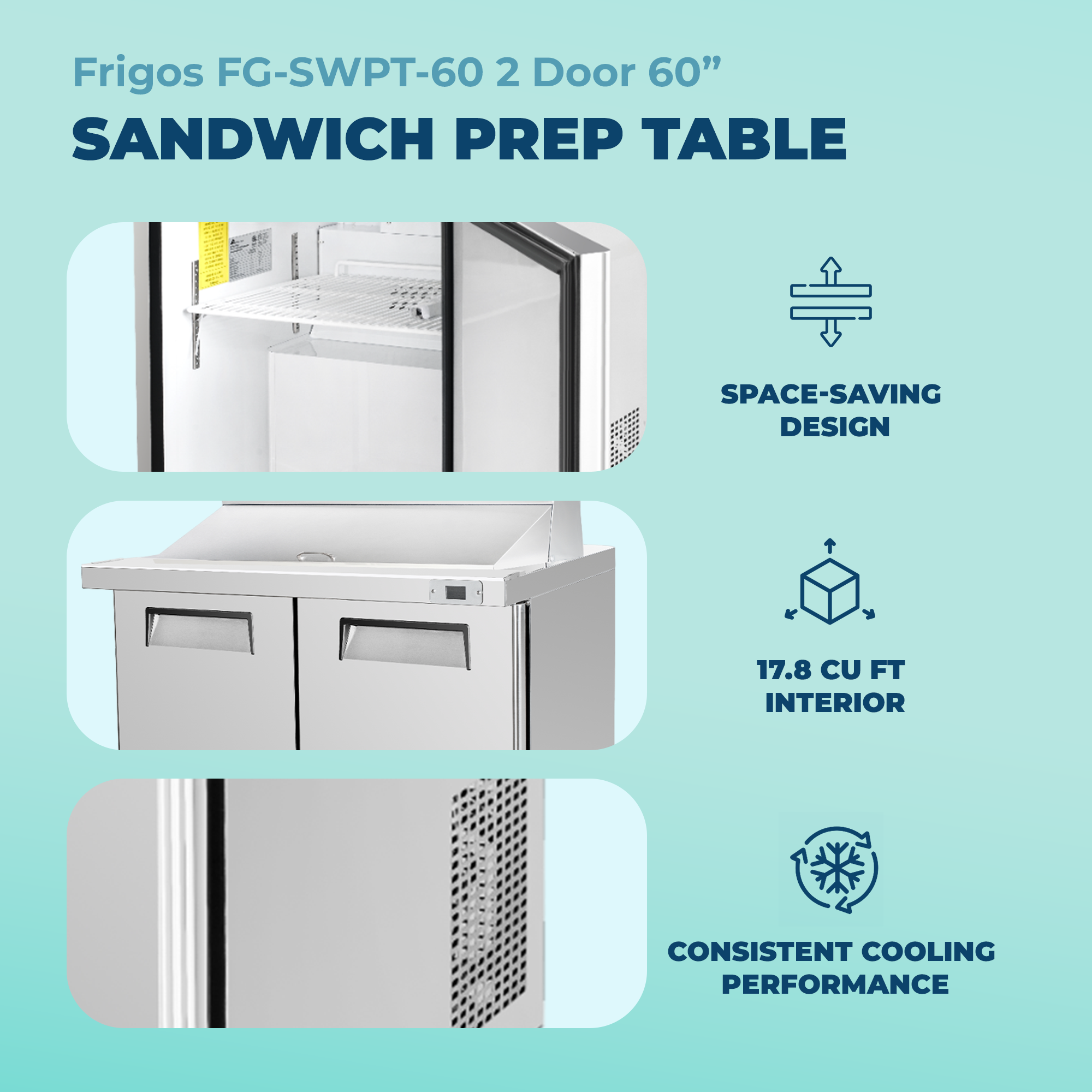 Frigos 60" Sandwich Prep Table Refrigerator, 2 Doors, Stainless Steel Floor