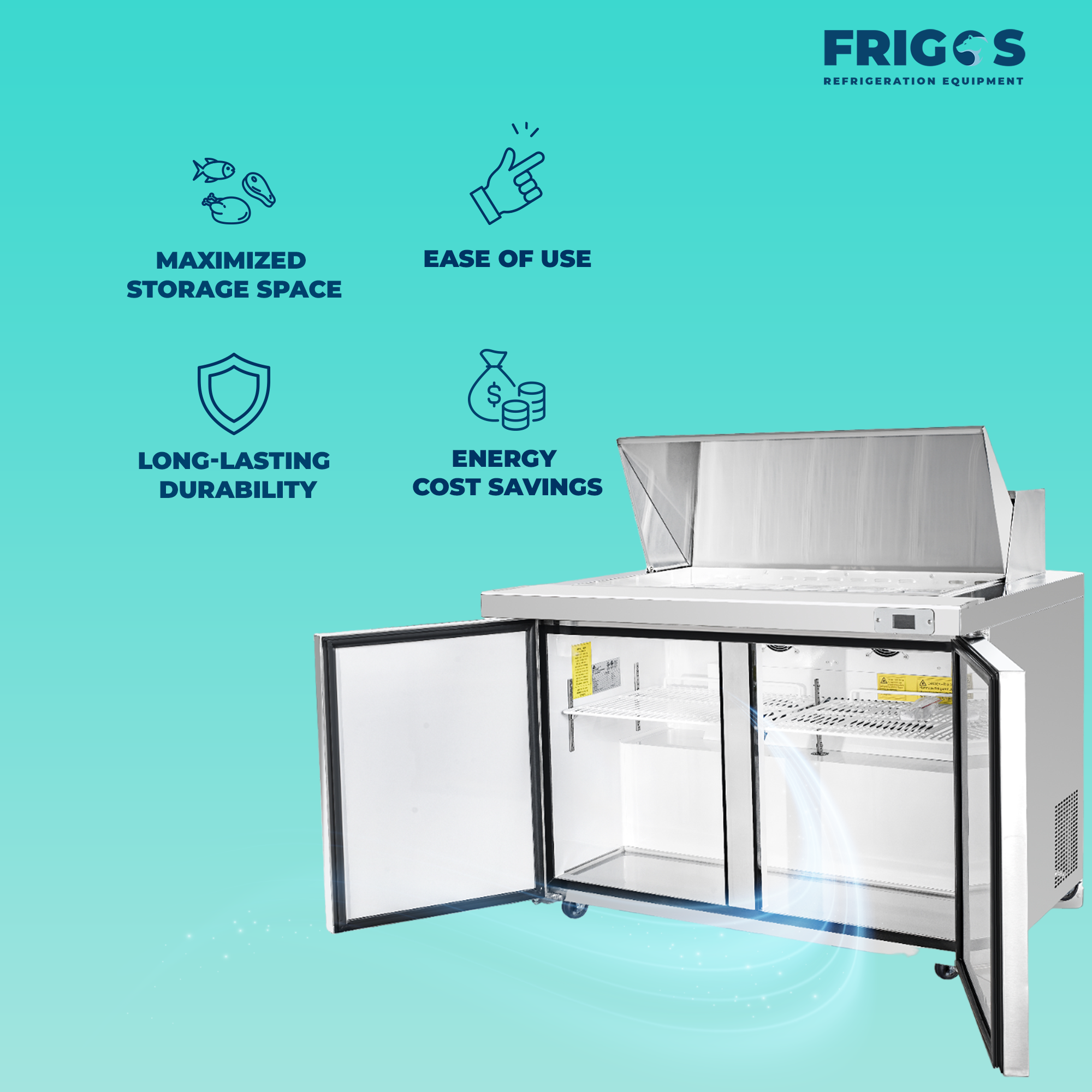 Frigos 60" Sandwich Prep Table Refrigerator, 2 Doors, Stainless Steel Floor