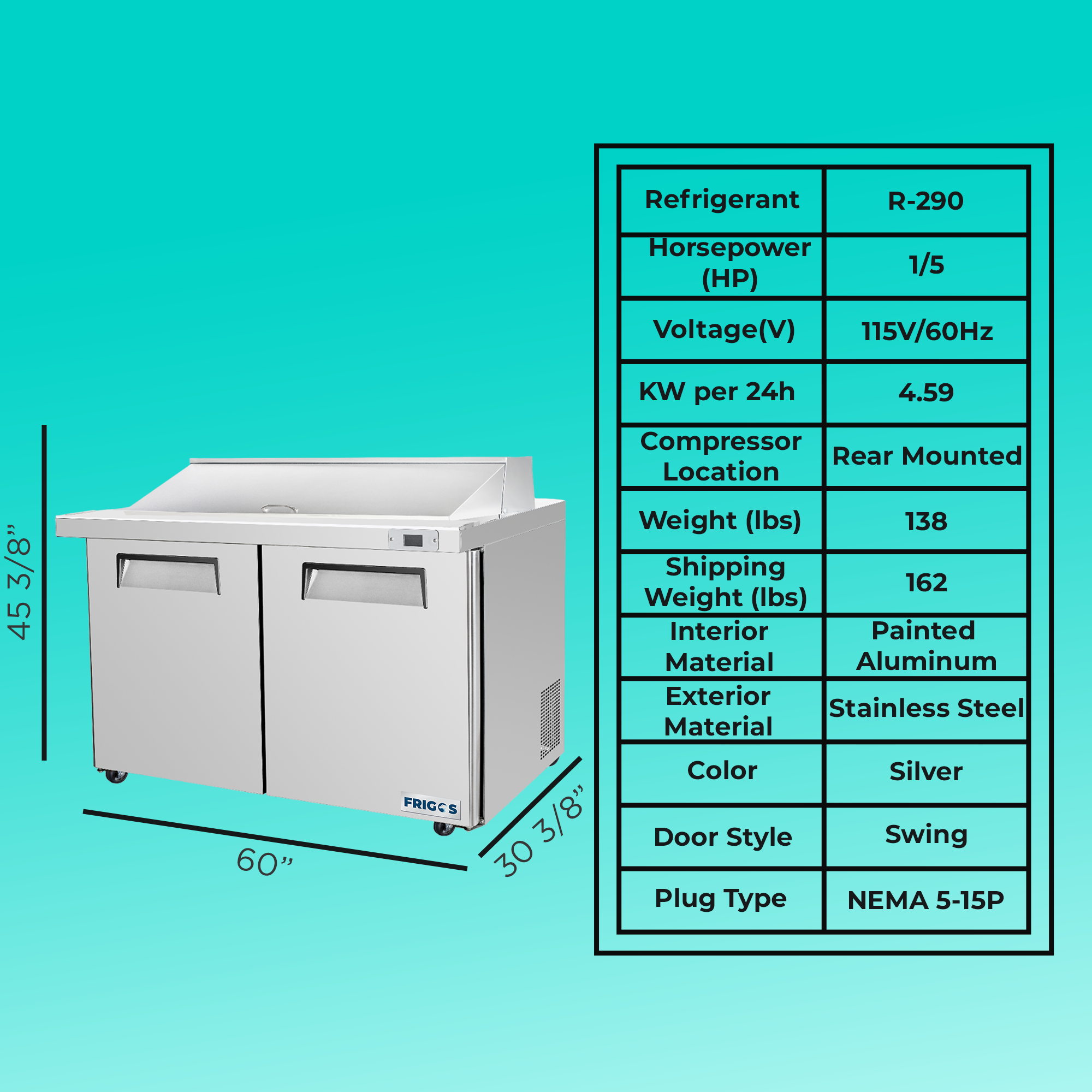 Frigos 60" Sandwich Prep Table Refrigerator, 2 Doors, Stainless Steel Floor