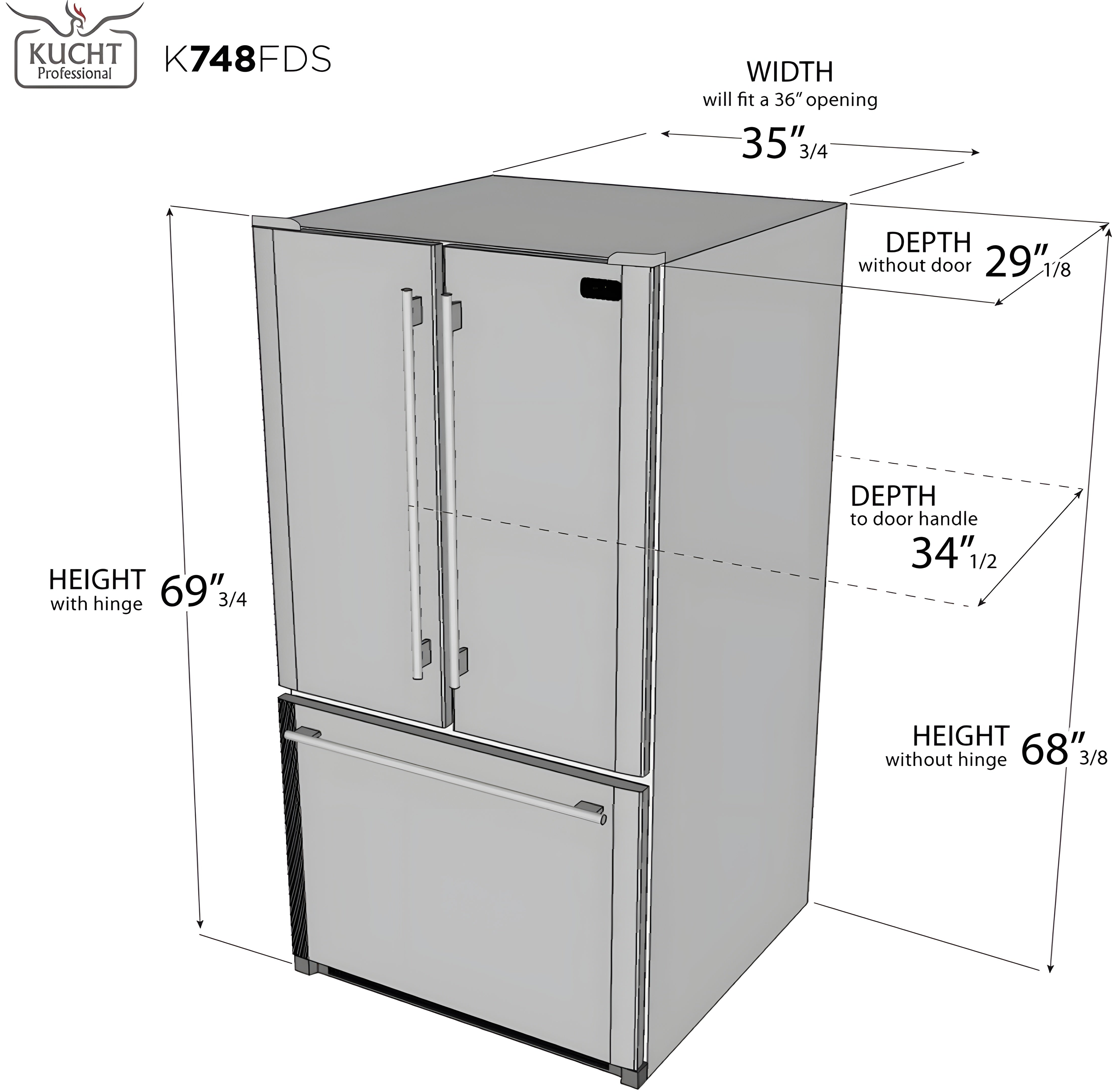 Kucht Professional 36 in. 26.1 cu. ft. French Door Refrigerator in Stainless Steel - K748FDS