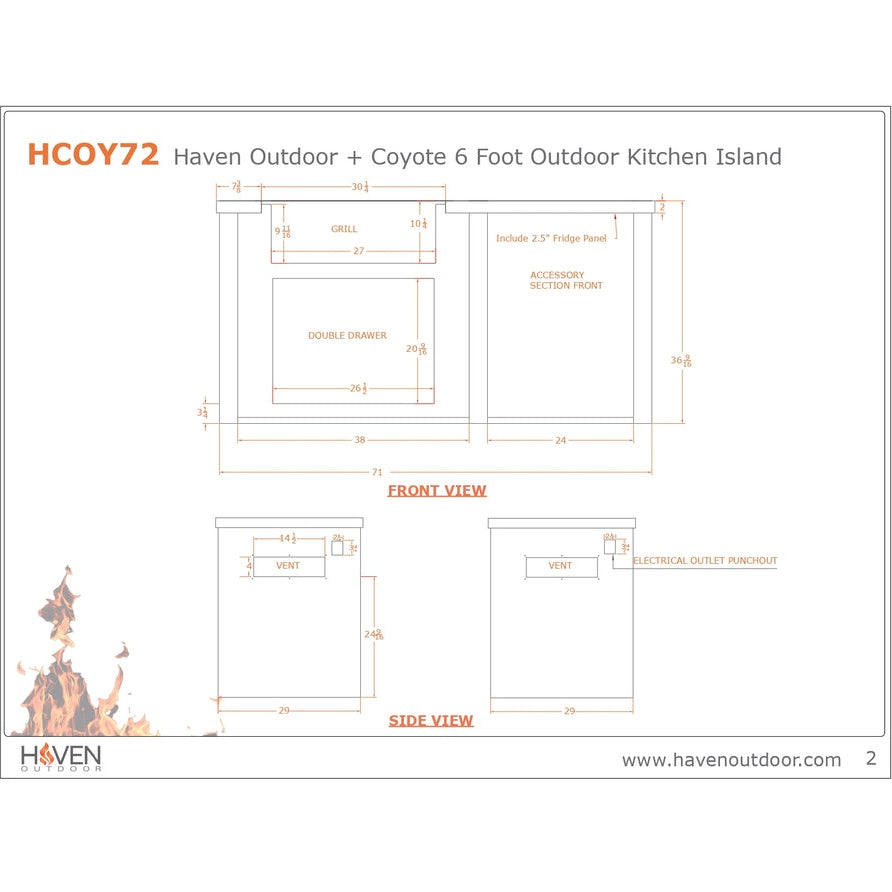Haven Outdoor 72-Inch Outdoor Kitchen Island with 24-Inch Refrigerator spaces - HCOY72REFAB