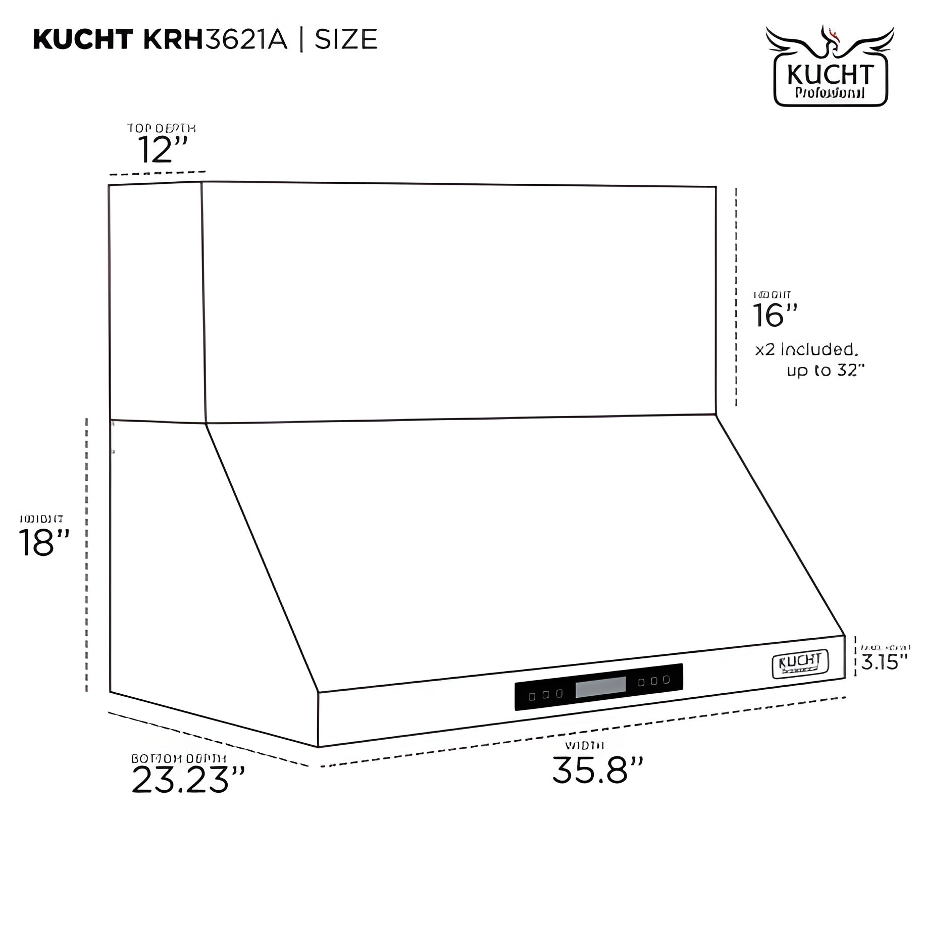 Kucht Professional 36" Wall Mount Range Hood 900 CFM in Stainless Steel - KRH3621A