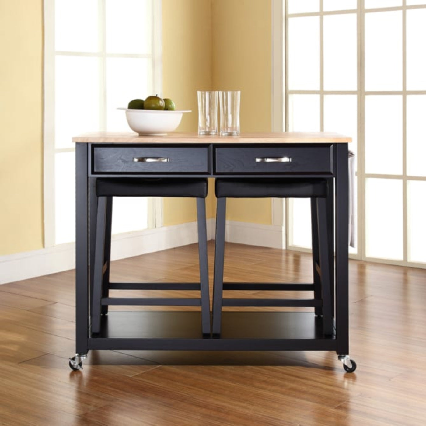 Crosley 43 Inch Wood Top Kitchen Prep Cart W/Uph Saddle Stools - KF300514