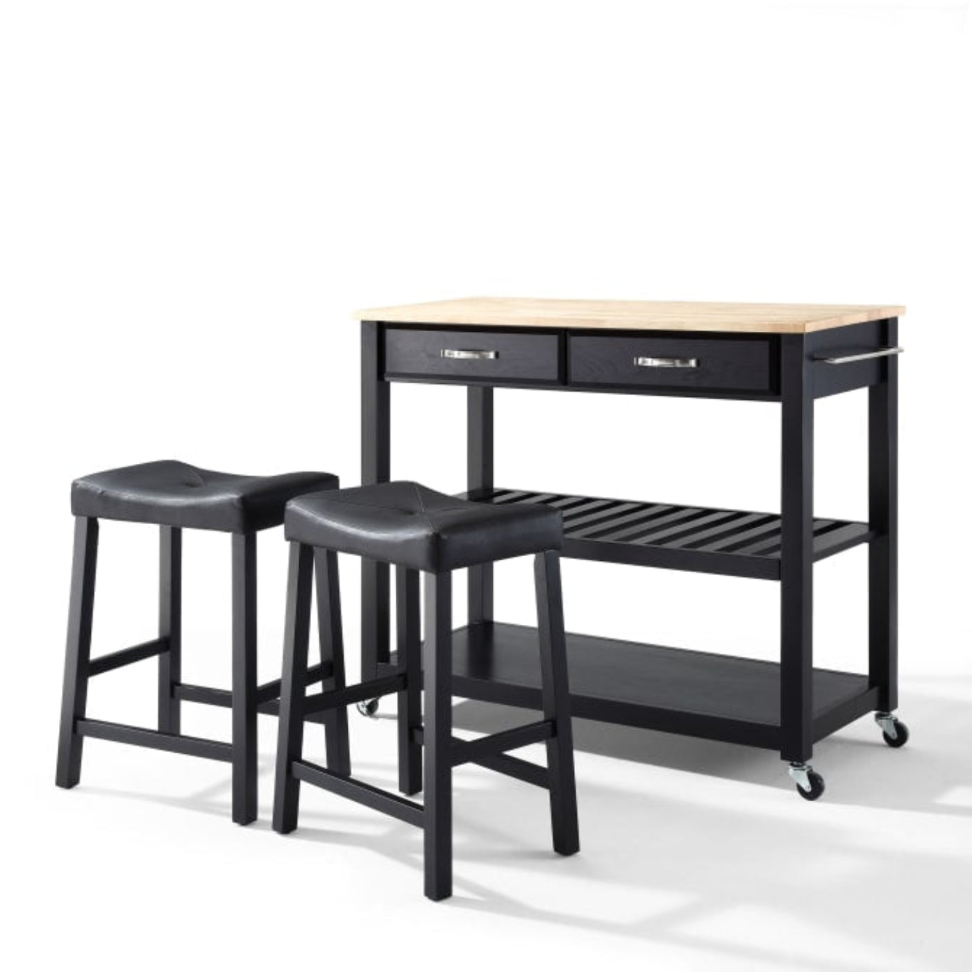 Crosley 43 Inch Wood Top Kitchen Prep Cart W/Uph Saddle Stools - KF300514