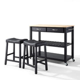 Crosley 43 Inch Wood Top Kitchen Prep Cart W/Uph Saddle Stools - KF300514