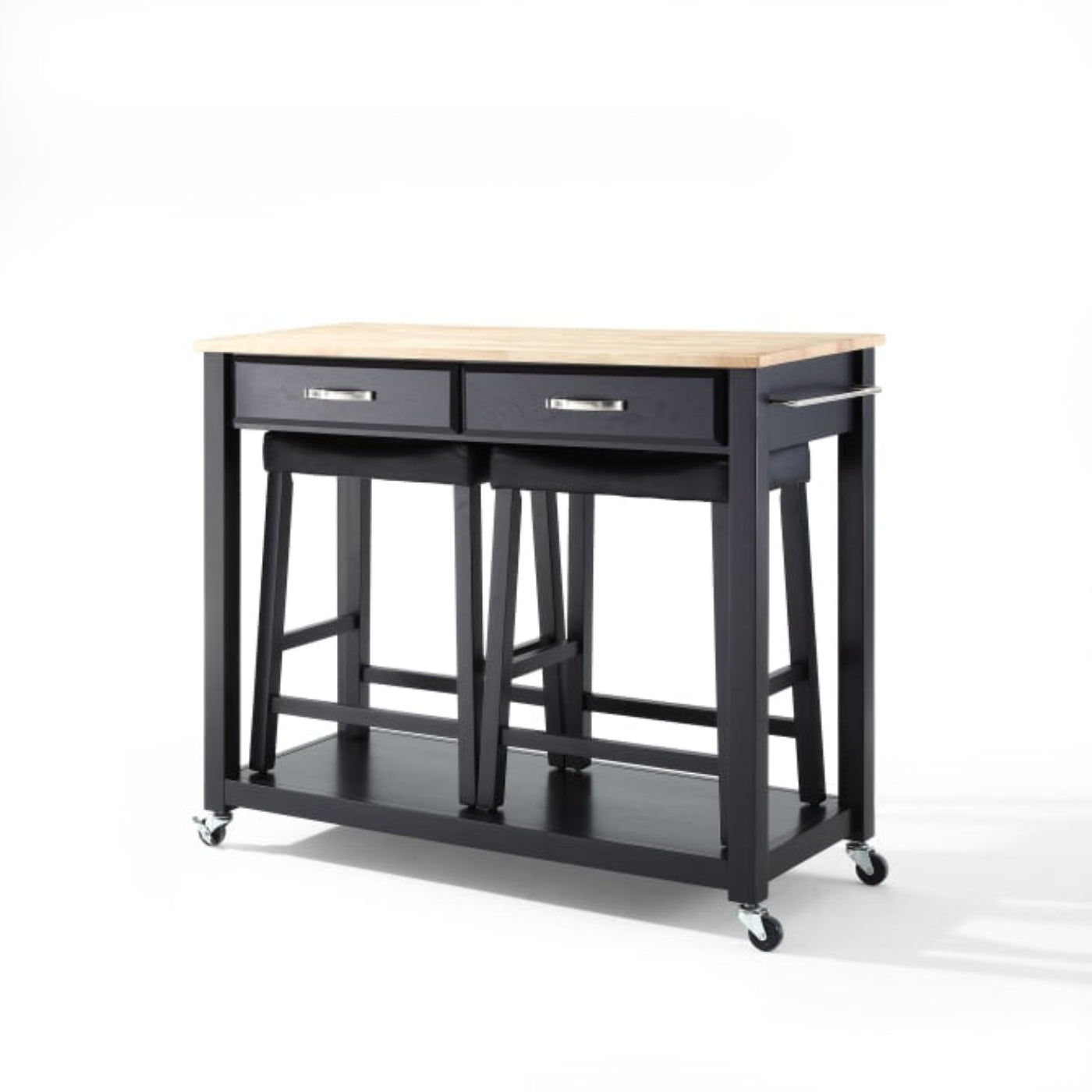Crosley 43 Inch Wood Top Kitchen Prep Cart W/Uph Saddle Stools - KF300514