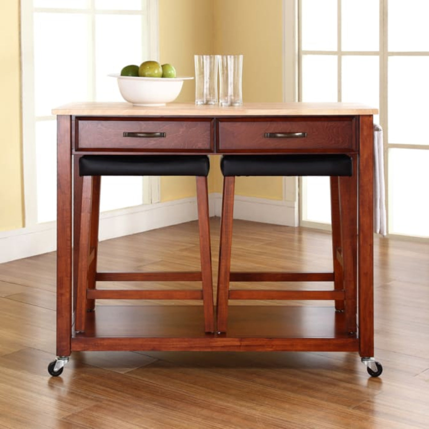 Crosley 43 Inch Wood Top Kitchen Prep Cart W/Uph Saddle Stools - KF300514