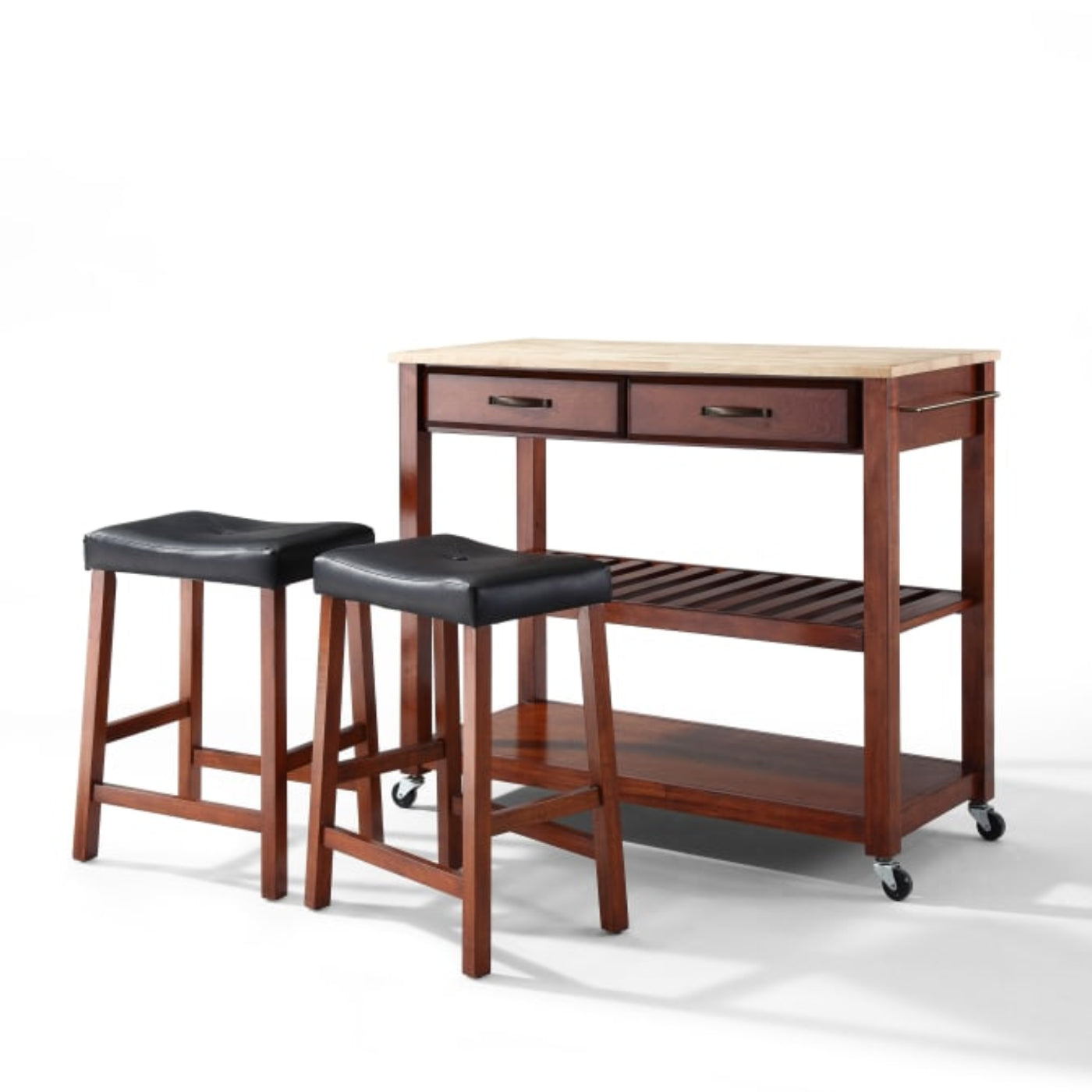 Crosley 43 Inch Wood Top Kitchen Prep Cart W/Uph Saddle Stools - KF300514