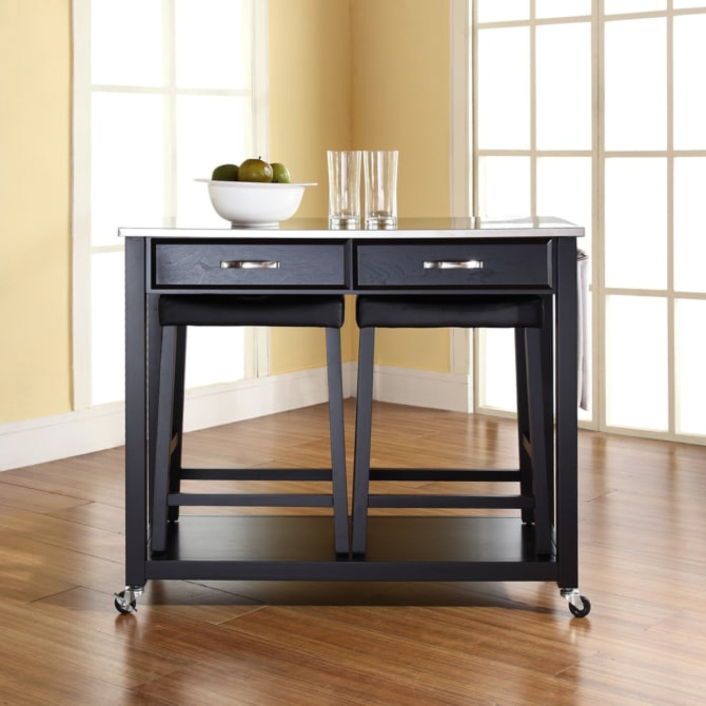 Crosley 43 Inch Stainless Steel Top Kitchen Prep Cart W/Uph Saddle Stools - KF300524