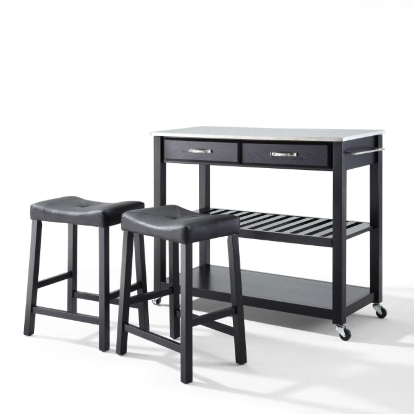 Crosley 43 Inch Stainless Steel Top Kitchen Prep Cart W/Uph Saddle Stools - KF300524