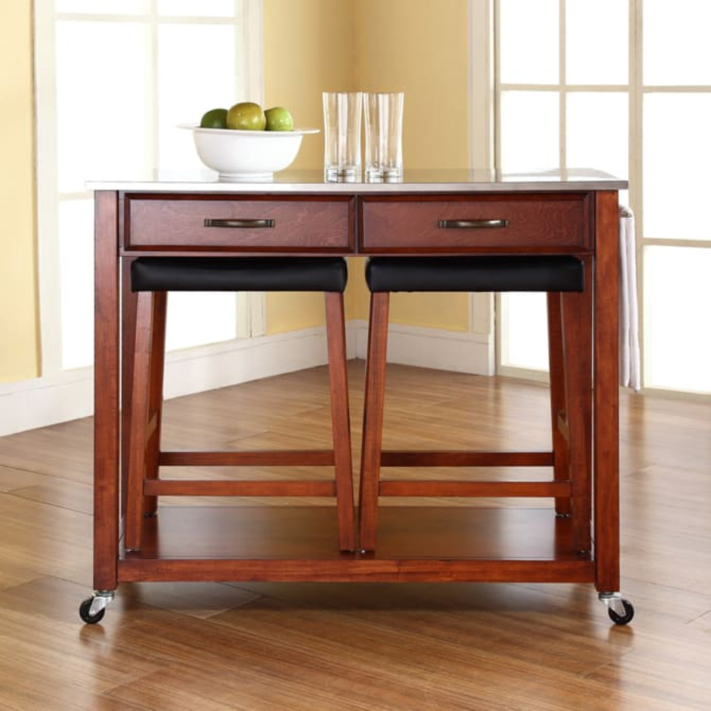 Crosley 43 Inch Stainless Steel Top Kitchen Prep Cart W/Uph Saddle Stools - KF300524