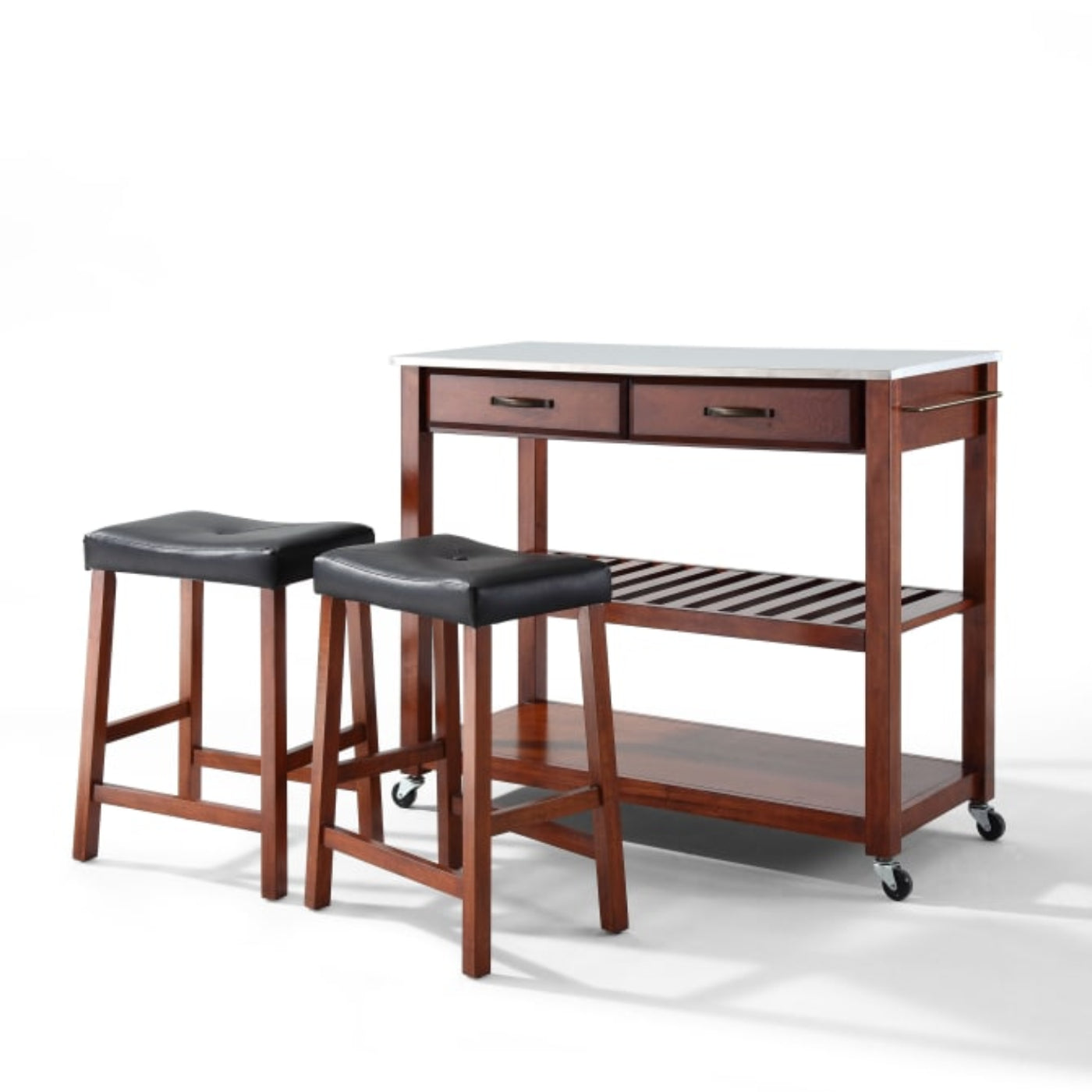 Crosley 43 Inch Stainless Steel Top Kitchen Prep Cart W/Uph Saddle Stools - KF300524