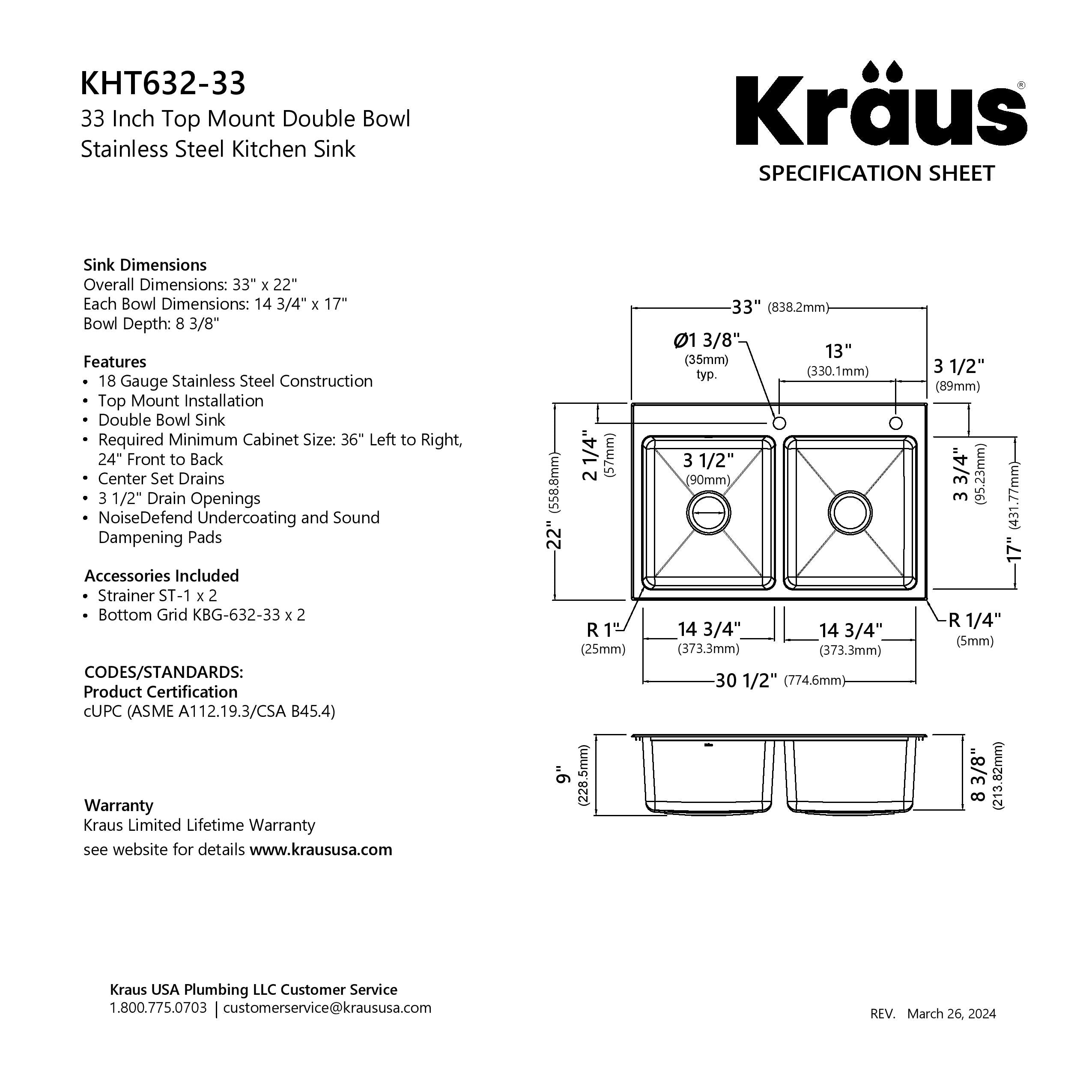 KRAUS 33” Topmount Double Bowl Stainless Steel Kitchen Sink - KHT632-33