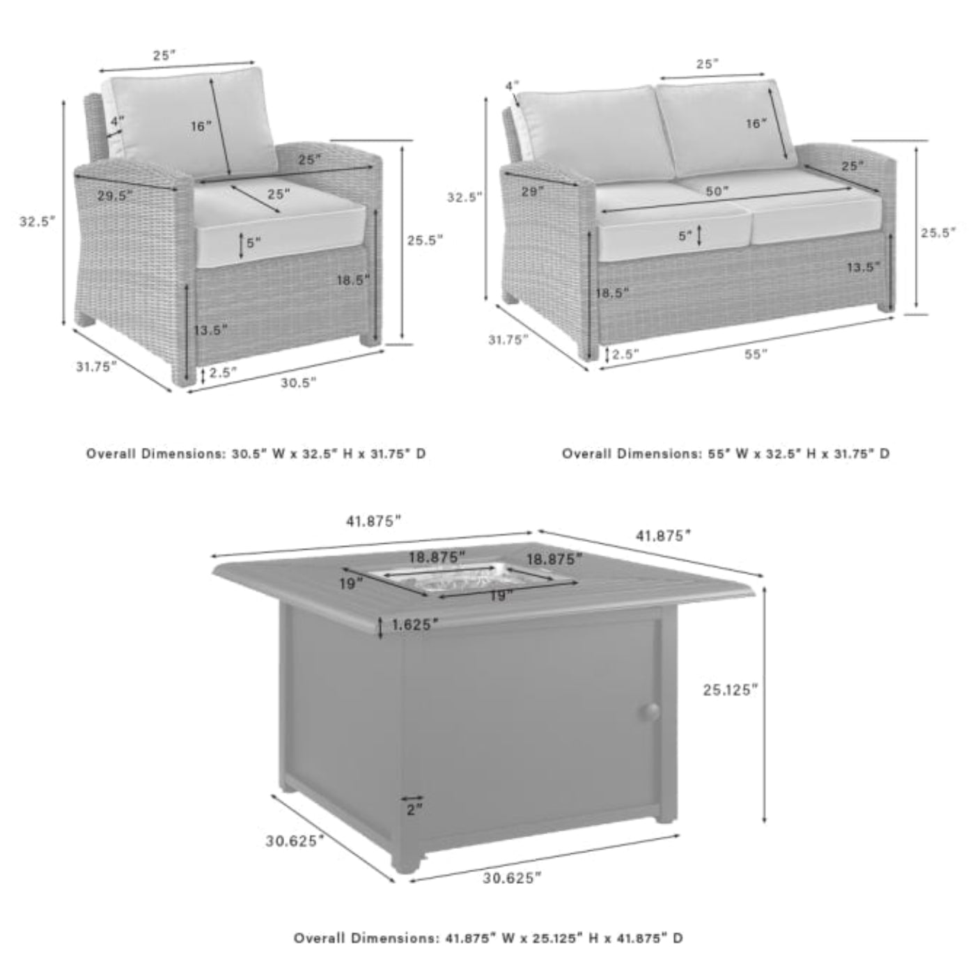 Crosley Bradenton 143 Inch 4pc Outdoor Convo Set W/Fire Table - Sunbrella - KO70168GY-WH