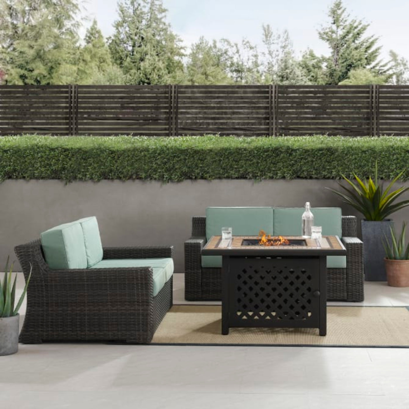 Crosley Beaufort 108 Inch 3pc Outdoor Wicker Conversation Set W/Fire Table Mist - KO70175BR