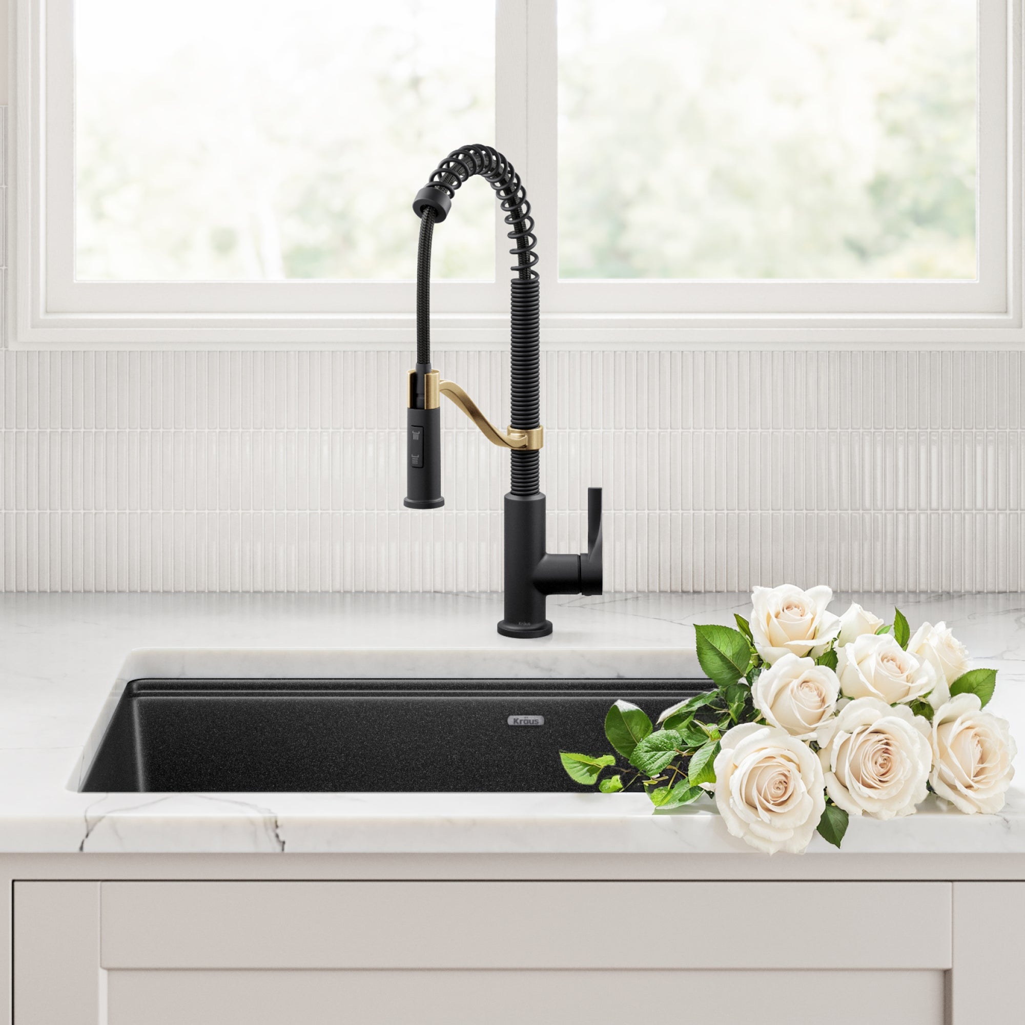 KRAUS Torak Single Handle Pull Down Kitchen Faucet in Matte Black with Brushed Brass - KPF-2635SFBBMB