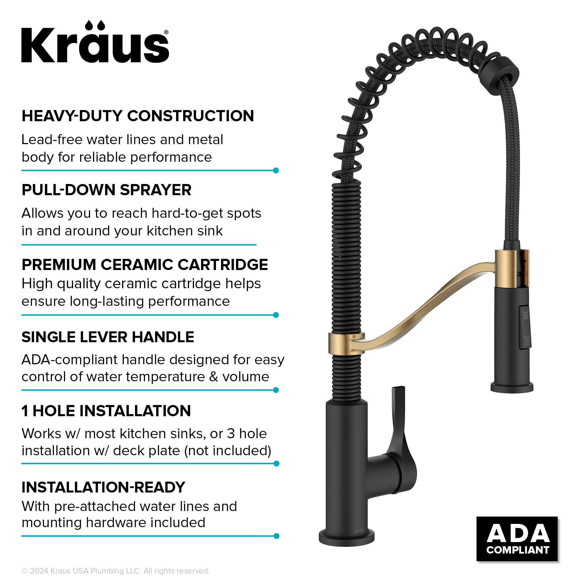 KRAUS Torak Single Handle Pull Down Kitchen Faucet in Matte Black with Brushed Brass - KPF-2635SFBBMB