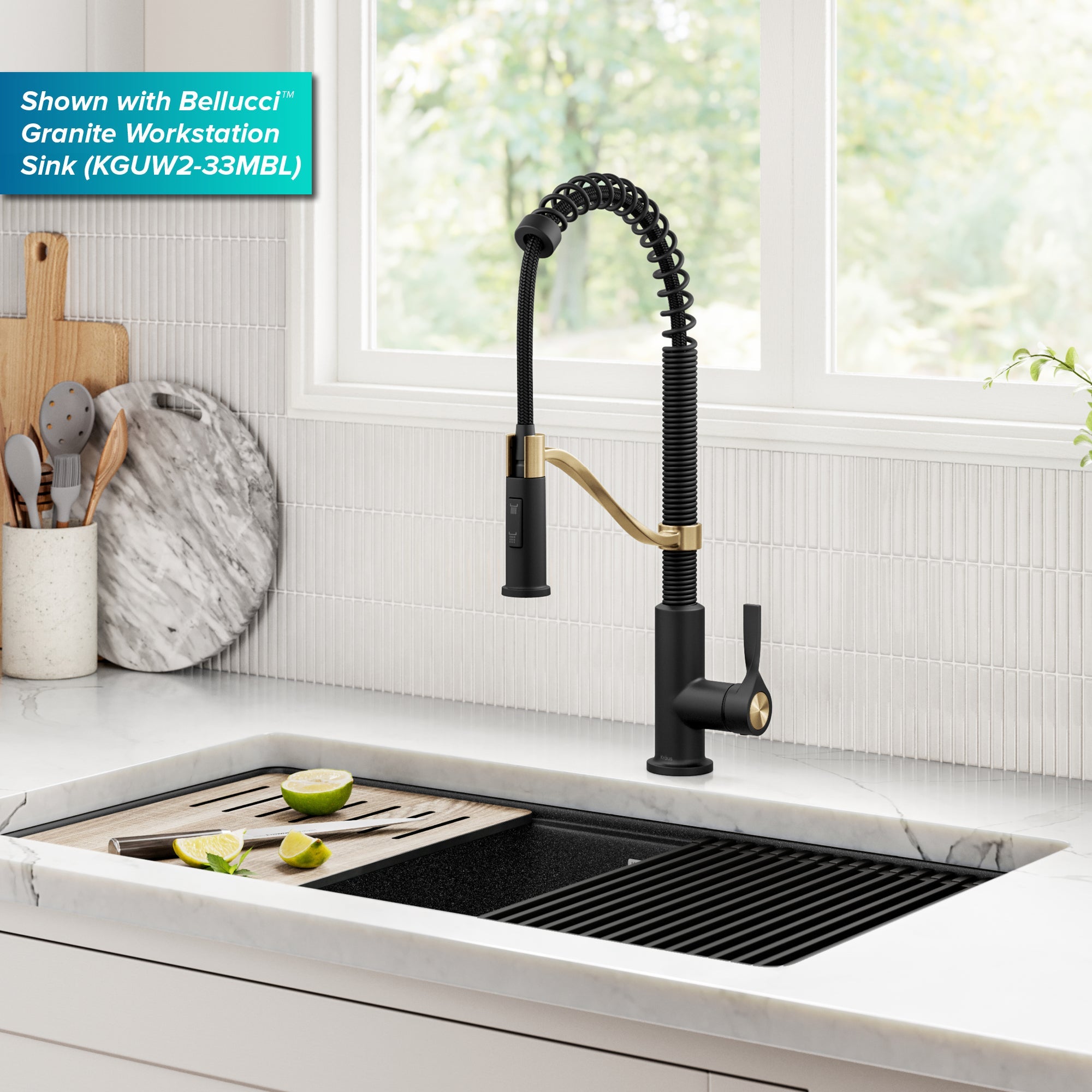 KRAUS Torak Single Handle Pull Down Kitchen Faucet in Matte Black with Brushed Brass - KPF-2635SFBBMB