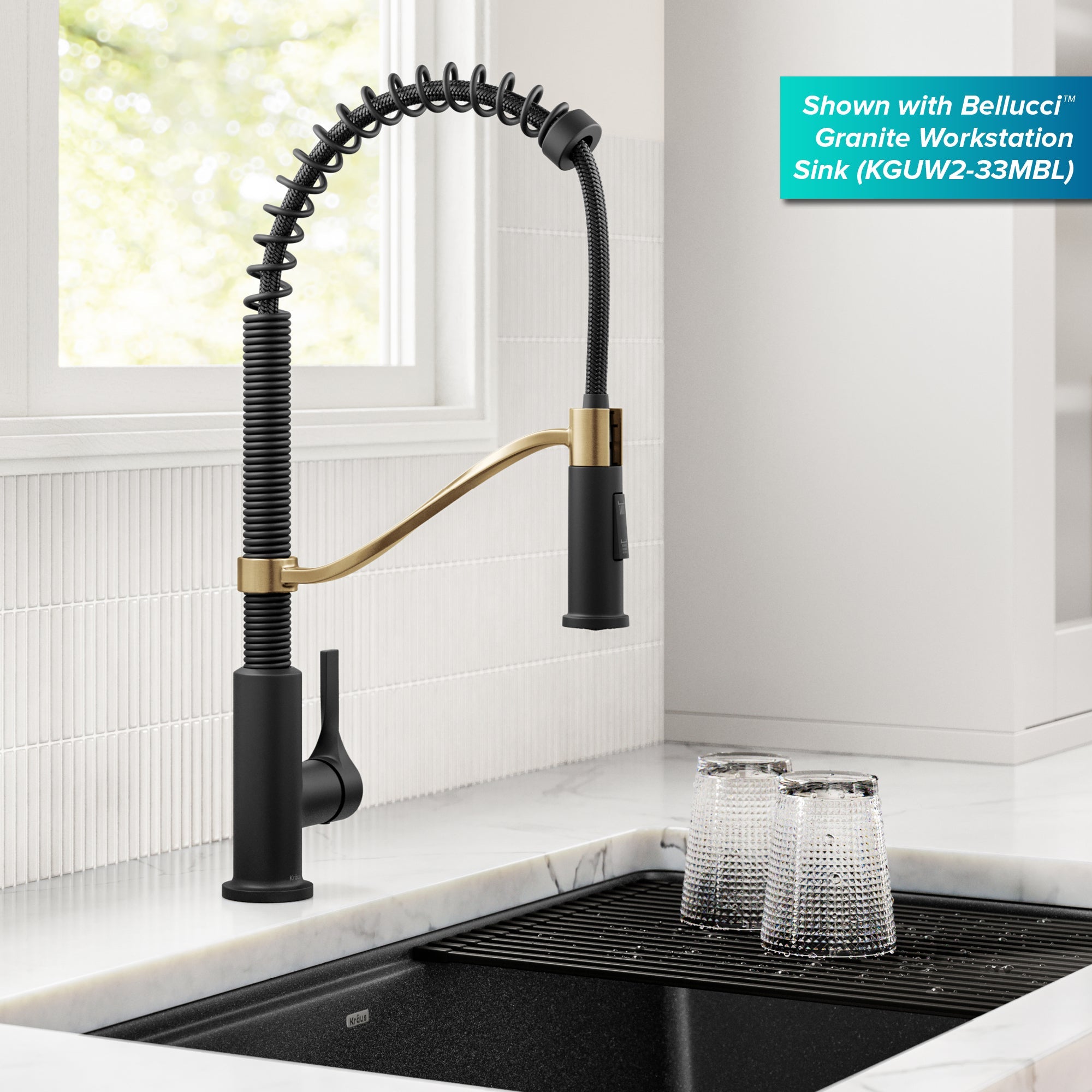 KRAUS Torak Single Handle Pull Down Kitchen Faucet in Matte Black with Brushed Brass - KPF-2635SFBBMB