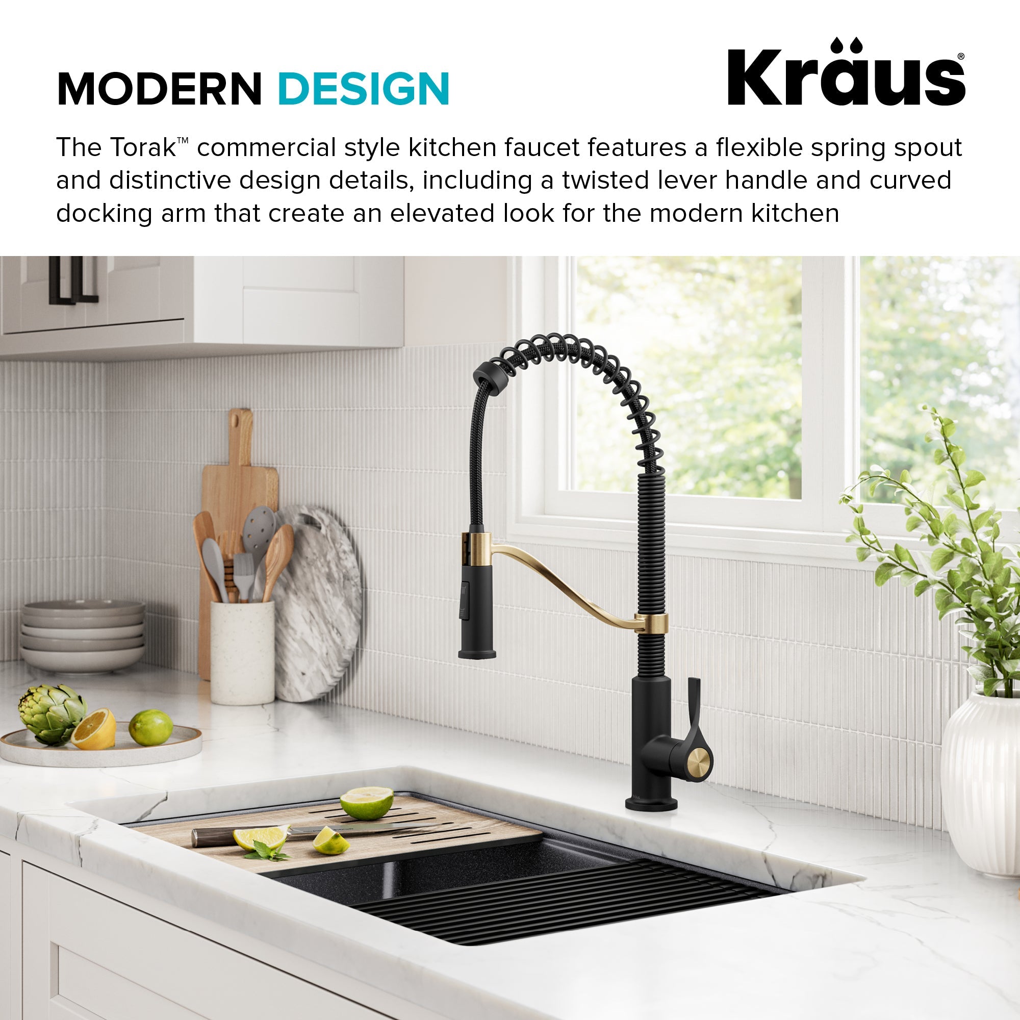 KRAUS Torak Single Handle Pull Down Kitchen Faucet in Matte Black with Brushed Brass - KPF-2635SFBBMB