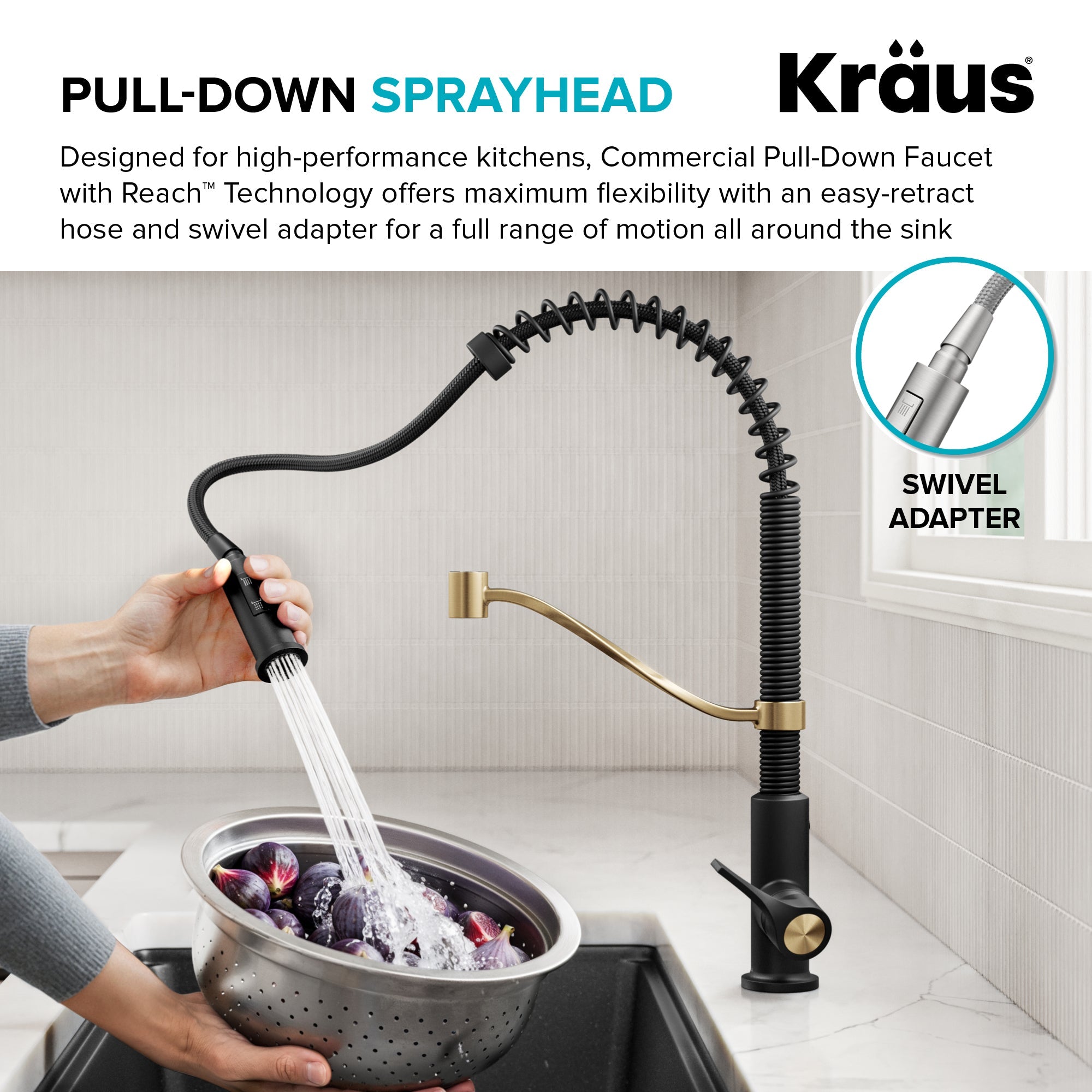KRAUS Torak Single Handle Pull Down Kitchen Faucet in Matte Black with Brushed Brass - KPF-2635SFBBMB