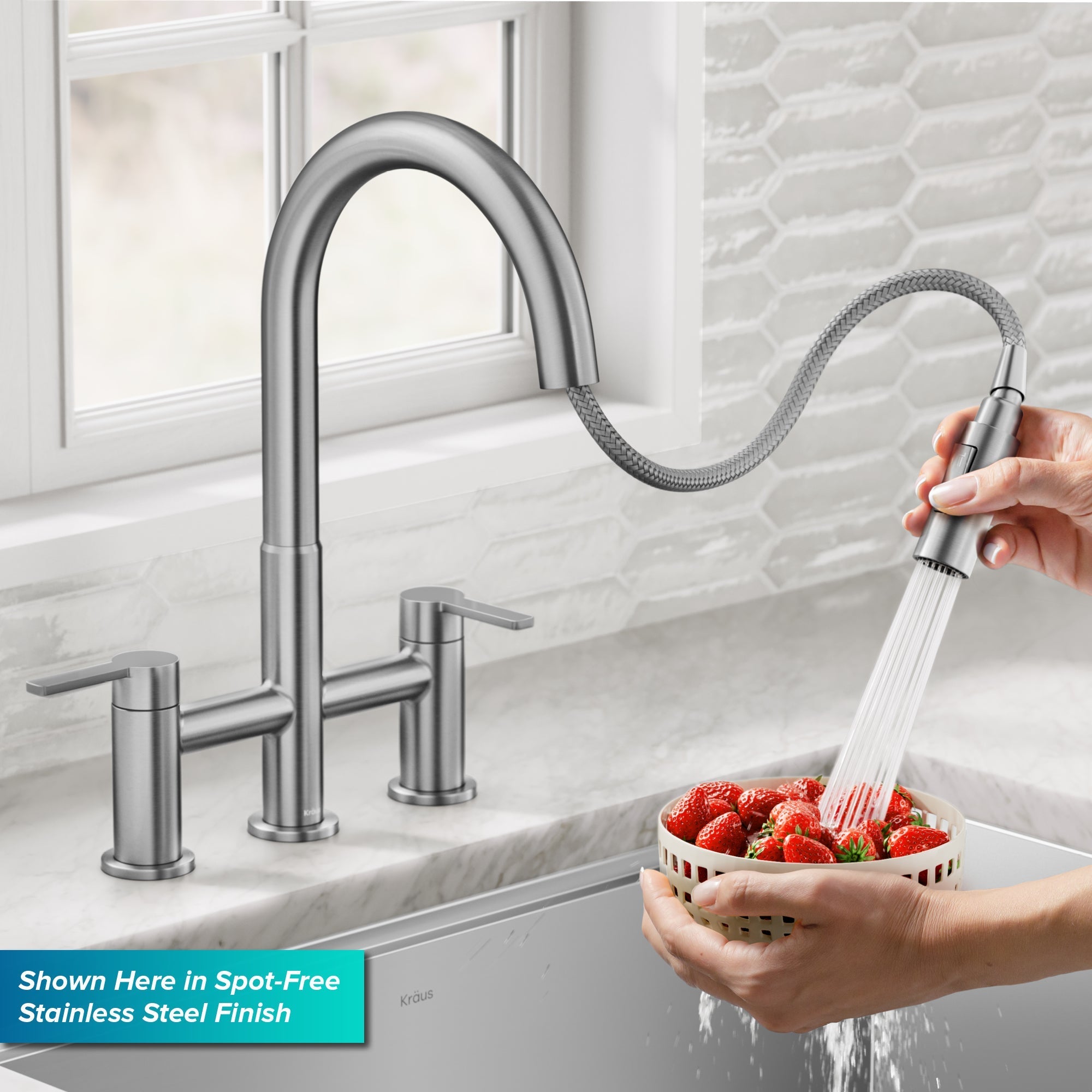KRAUS Contemporary Bridge Kitchen Faucet with Spray-Head in Antique Bronze - KPF-3122SFACB