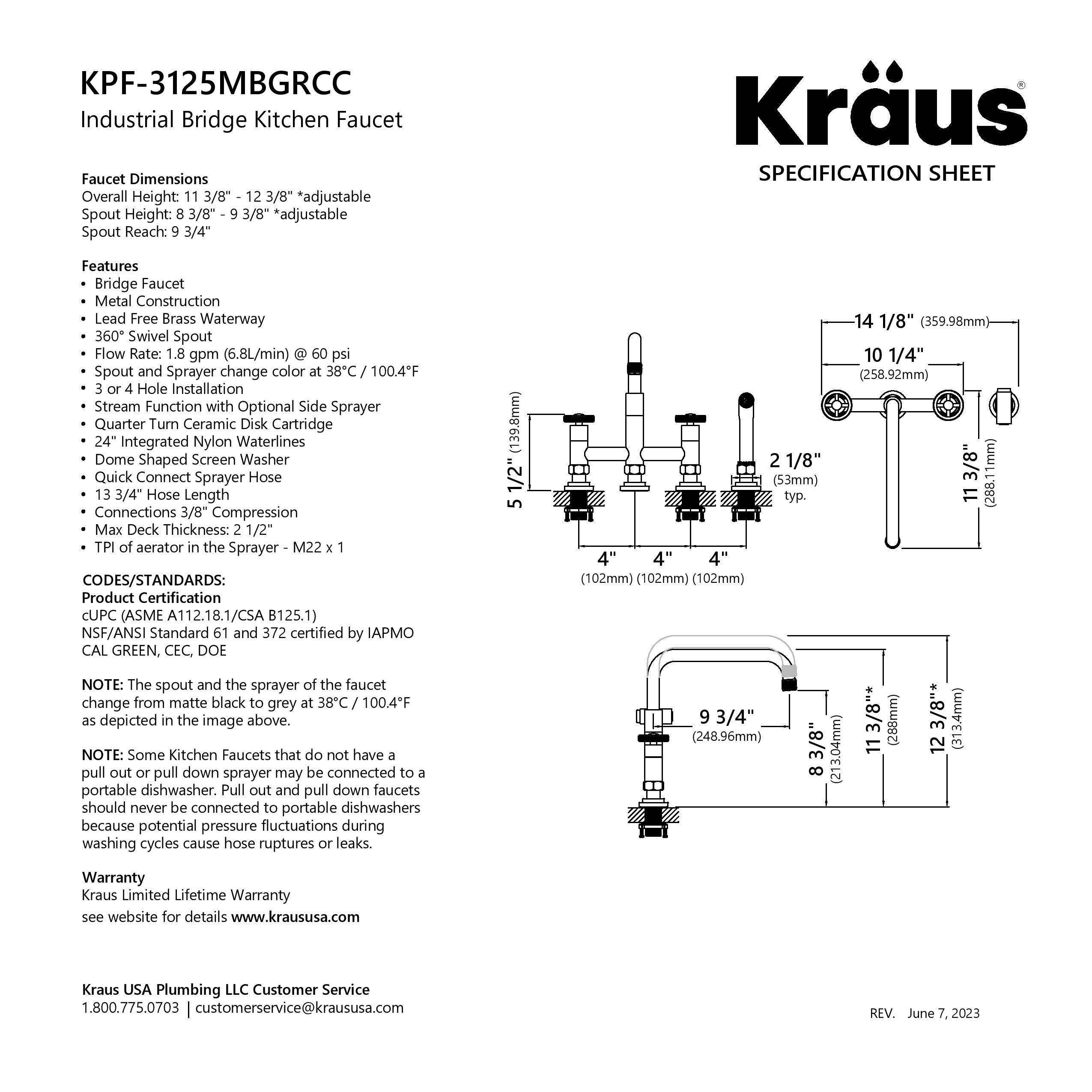 KRAUS Urbix Industrial Bridge Faucet in Color-Changing  Matte Black to Grey - KPF-3125MBGRCC