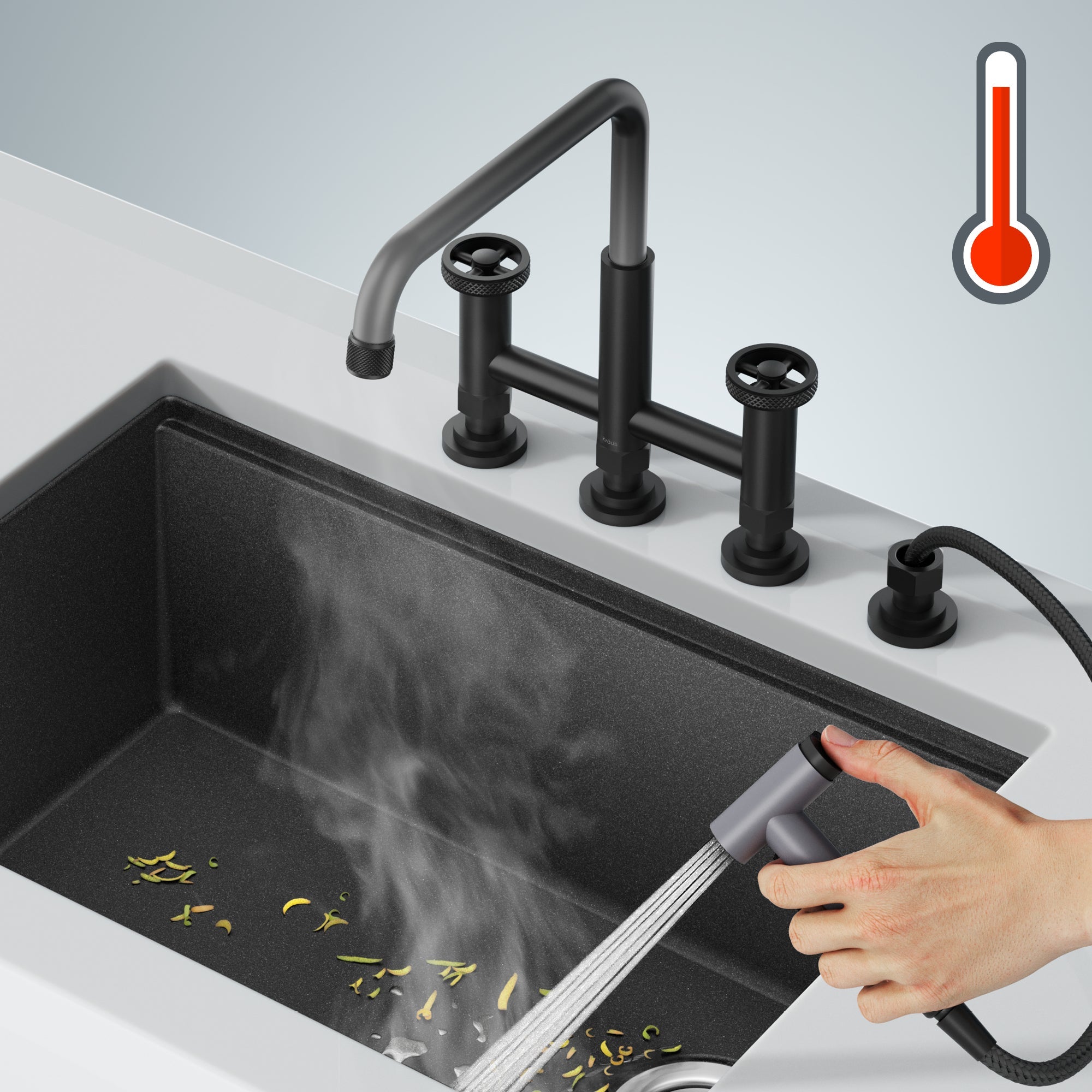 KRAUS Urbix Industrial Bridge Faucet in Color-Changing  Matte Black to Grey - KPF-3125MBGRCC