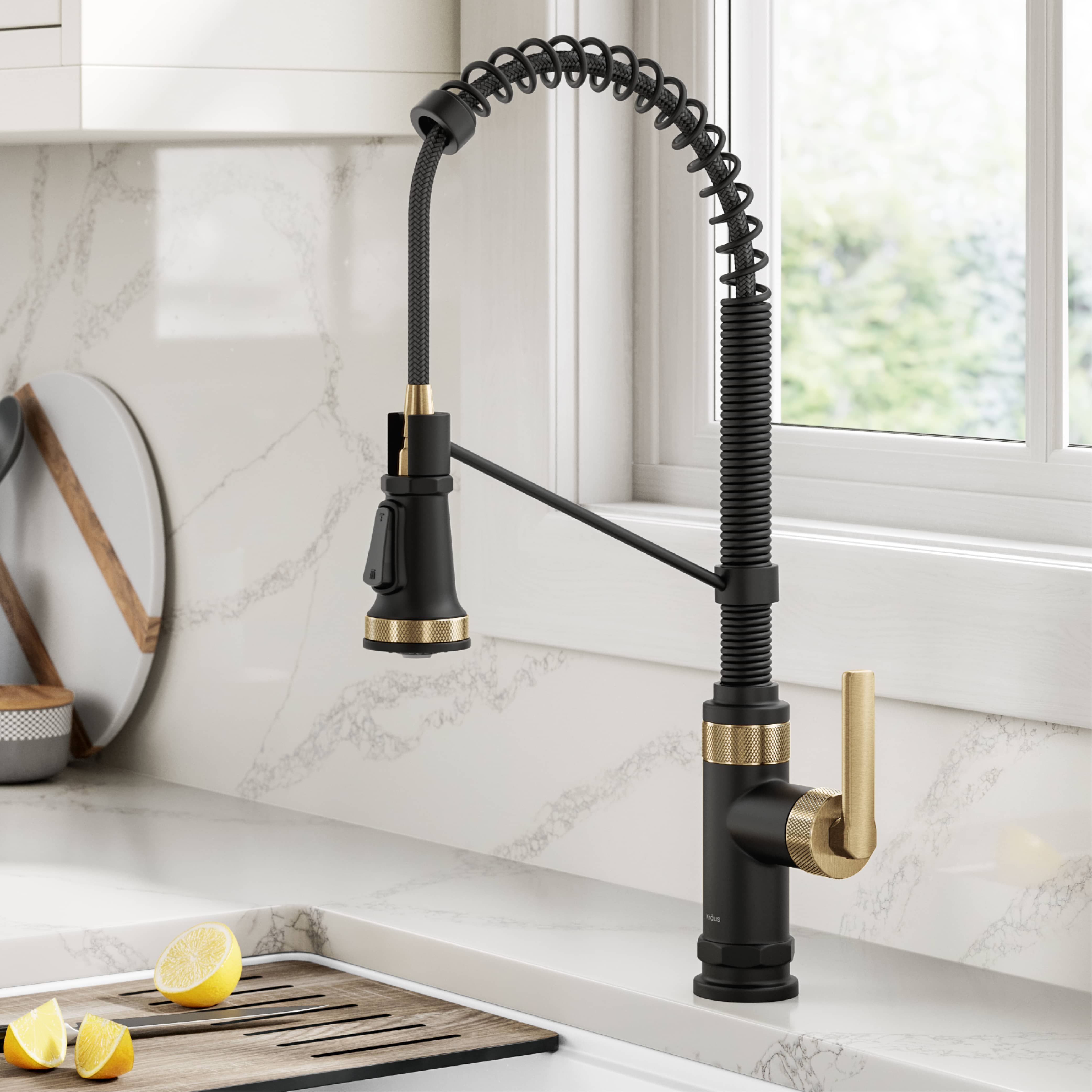 KRAUS Allyn Single Handle Pull Down Kitchen Faucet in Spot-Free Brushed Brass + Matte Black - KPF-4110BBMB