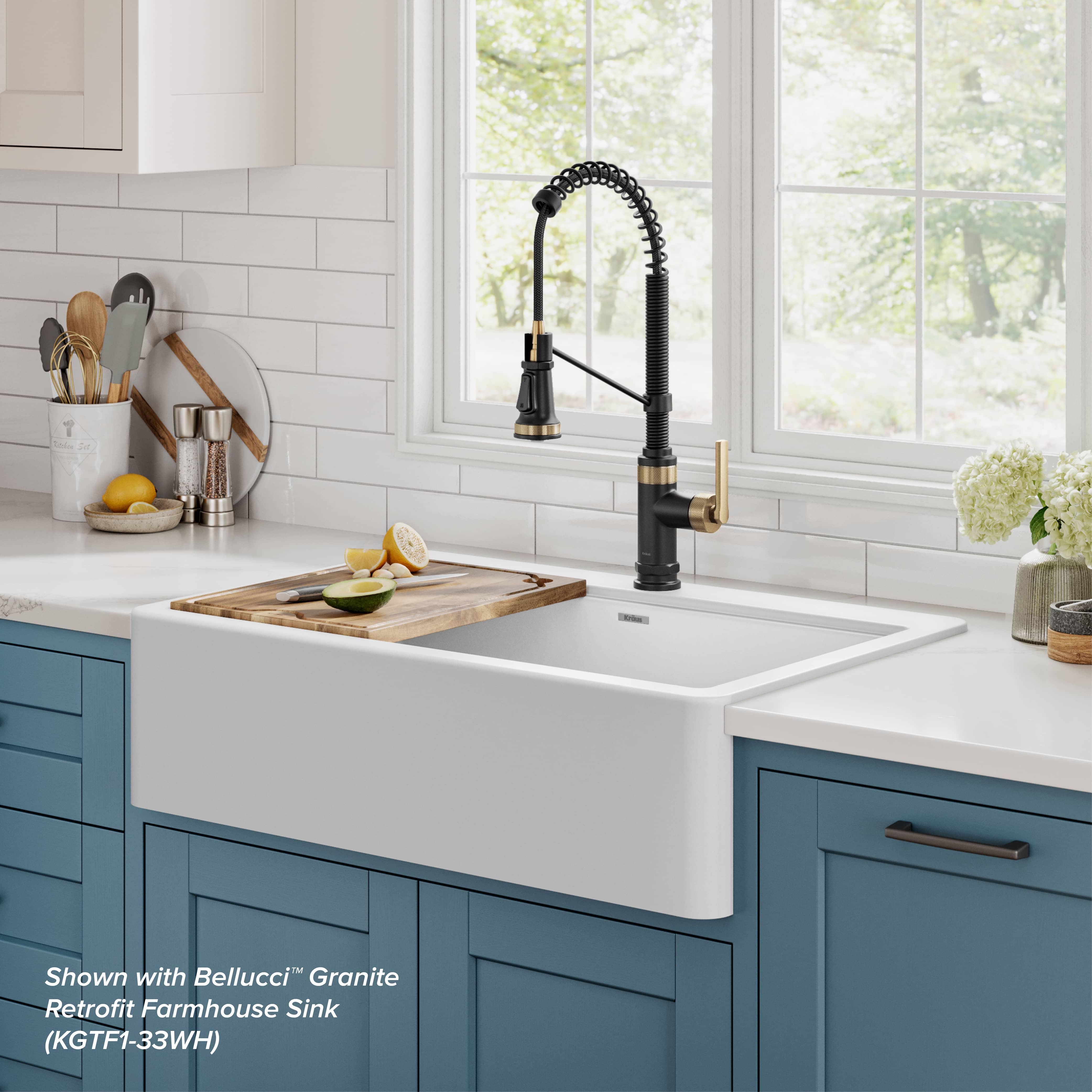 KRAUS Allyn Single Handle Pull Down Kitchen Faucet in Spot-Free Brushed Brass + Matte Black - KPF-4110BBMB