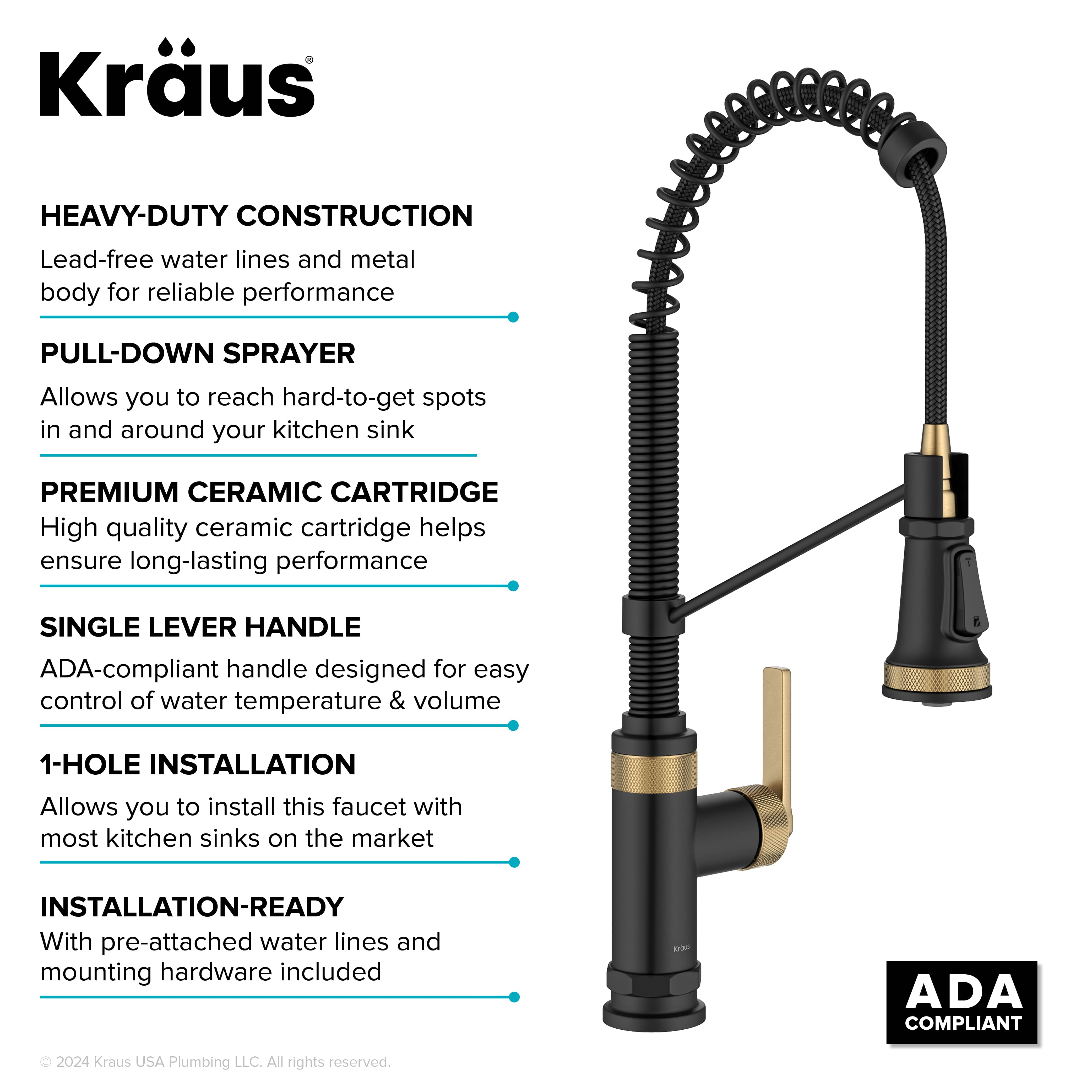 KRAUS Allyn Single Handle Pull Down Kitchen Faucet in Spot-Free Brushed Brass + Matte Black - KPF-4110BBMB