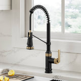 KRAUS Allyn Single Handle Pull Down Kitchen Faucet in Spot-Free Brushed Brass + Matte Black - KPF-4110BBMB