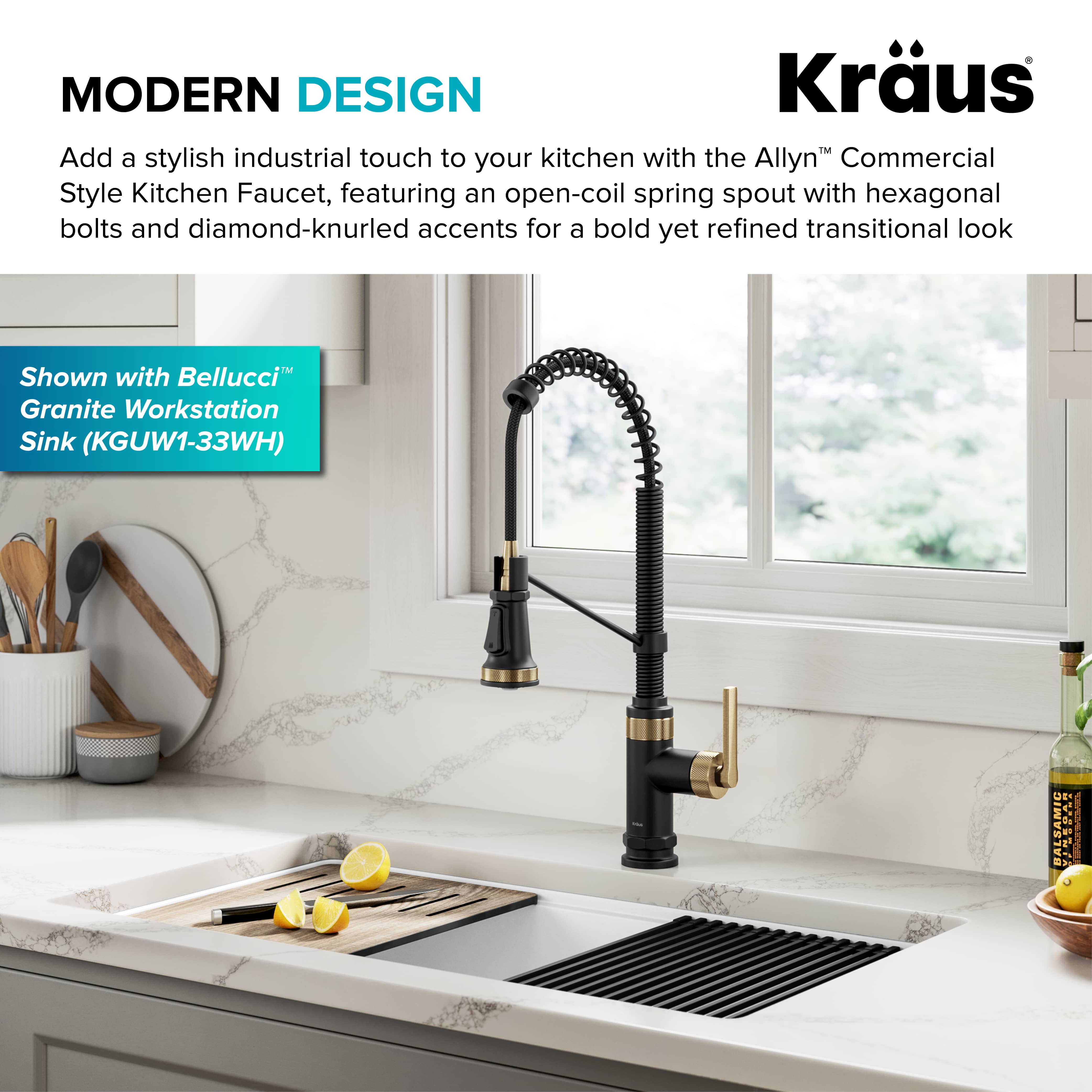 KRAUS Allyn Single Handle Pull Down Kitchen Faucet in Spot-Free Brushed Brass + Matte Black - KPF-4110BBMB