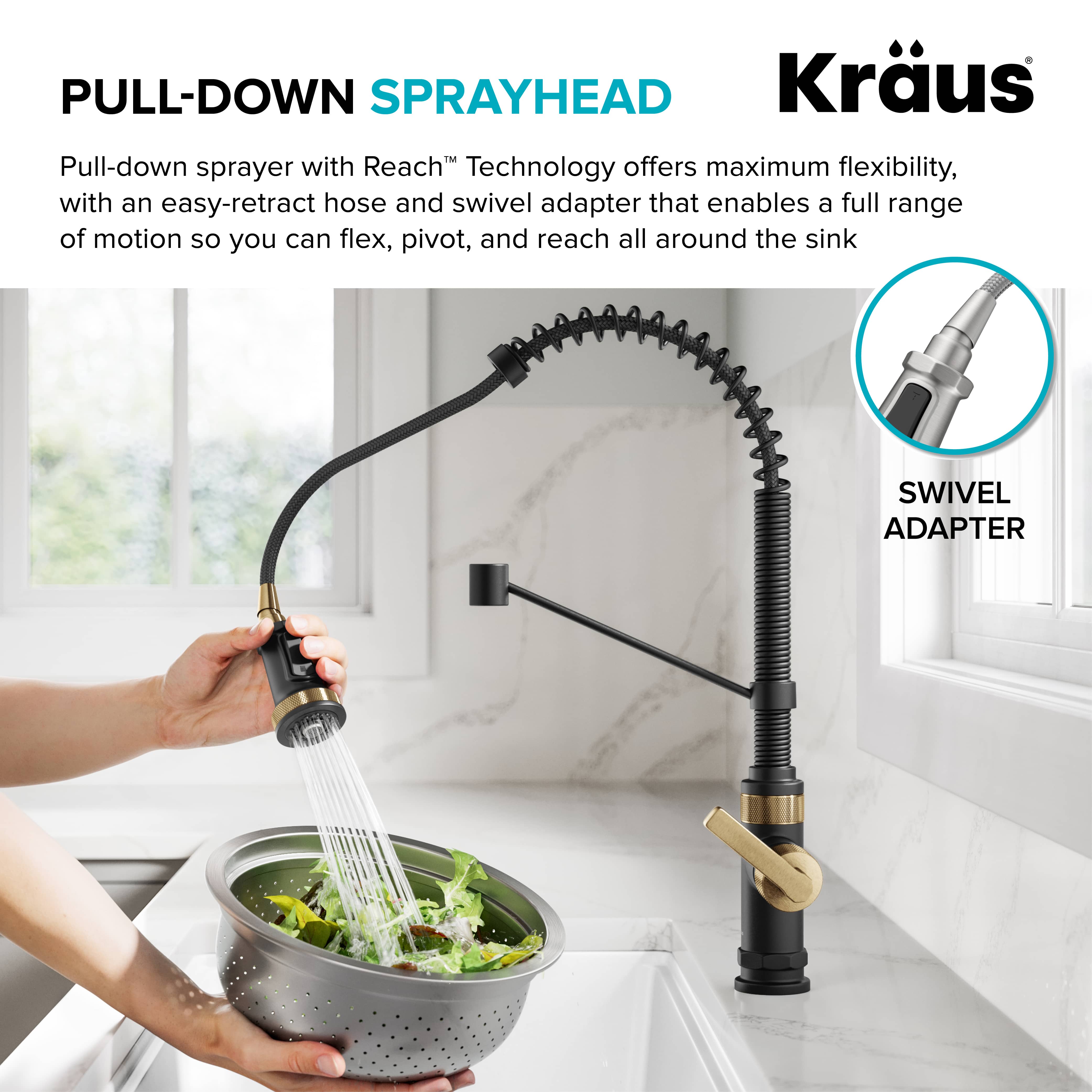 KRAUS Allyn Single Handle Pull Down Kitchen Faucet in Spot-Free Brushed Brass + Matte Black - KPF-4110BBMB