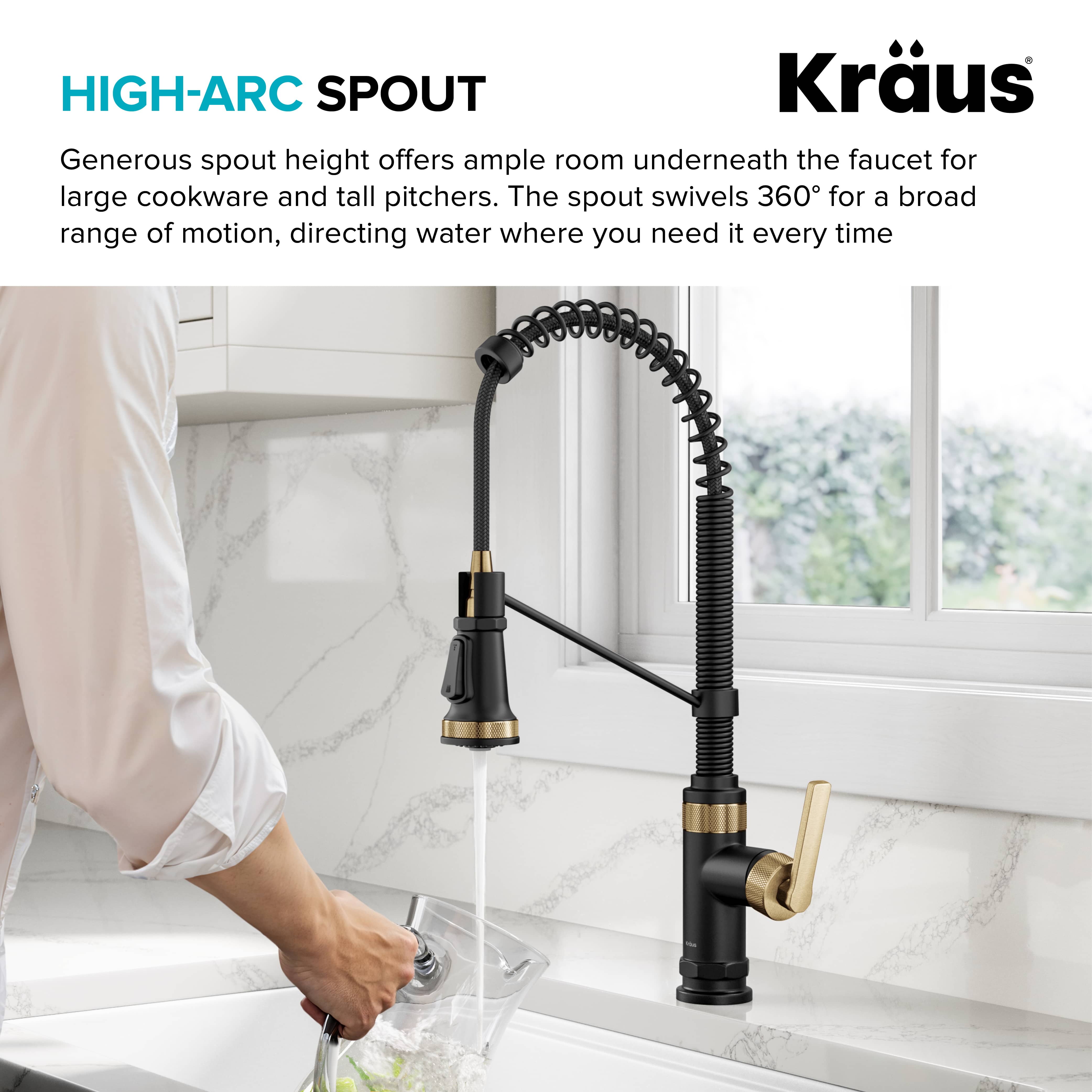 KRAUS Allyn Single Handle Pull Down Kitchen Faucet in Spot-Free Brushed Brass + Matte Black - KPF-4110BBMB