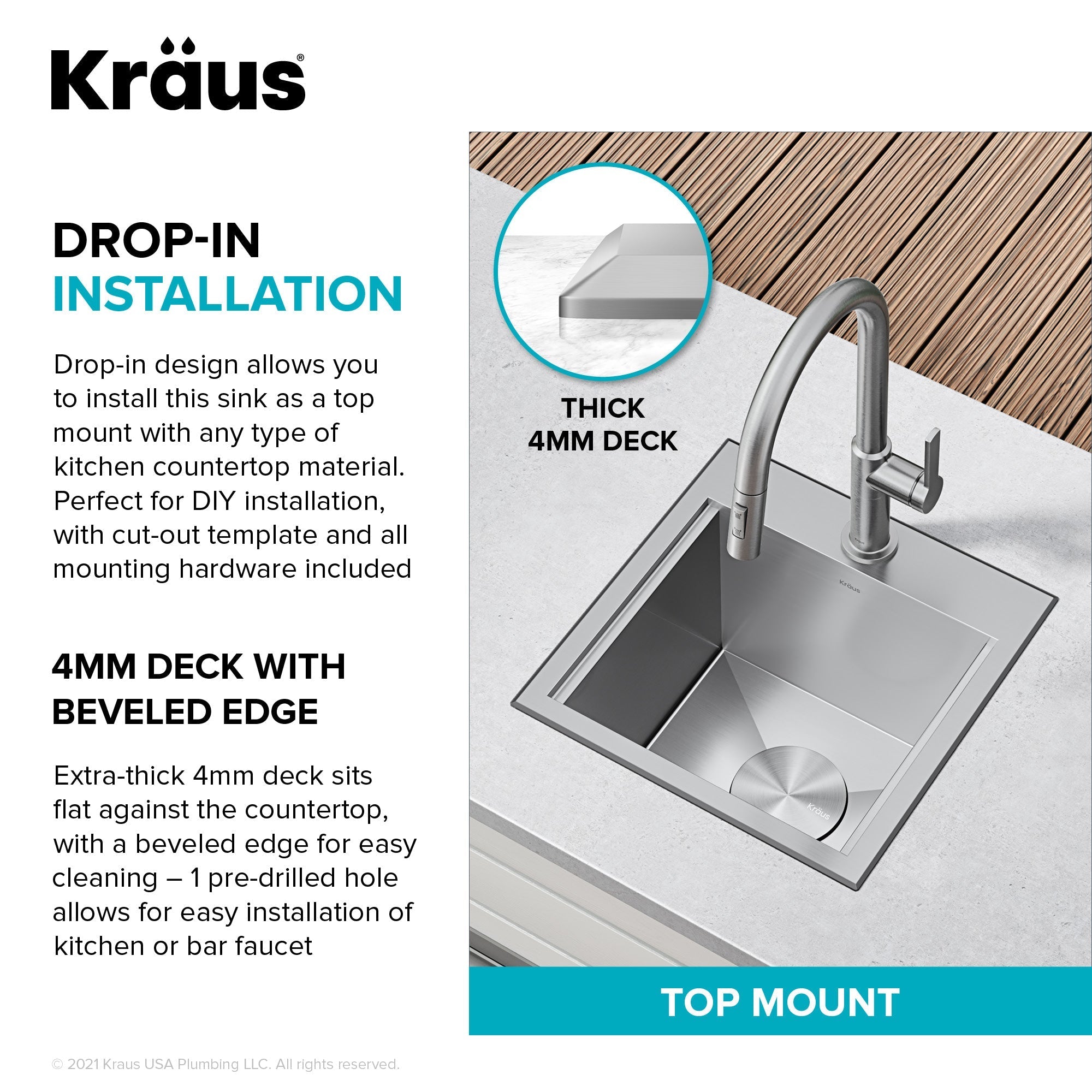 KRAUS 15"x 15" Outdoor Marine Grade Workstation Drop-In T316 Stainless Steel Bar Sink - KWT321-15-316